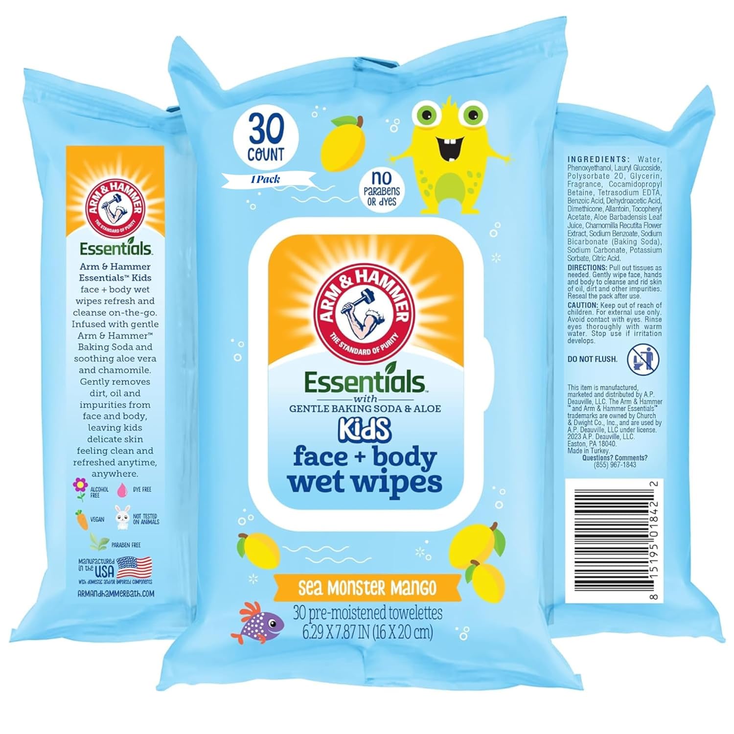 Sea Monster Mango Baby Wipes – 30 Count Travel Friendly Face & Body Wet Wipes – 1 Flip-Top Pack of Towelettes Infused with Aloe Vera & Chamomile