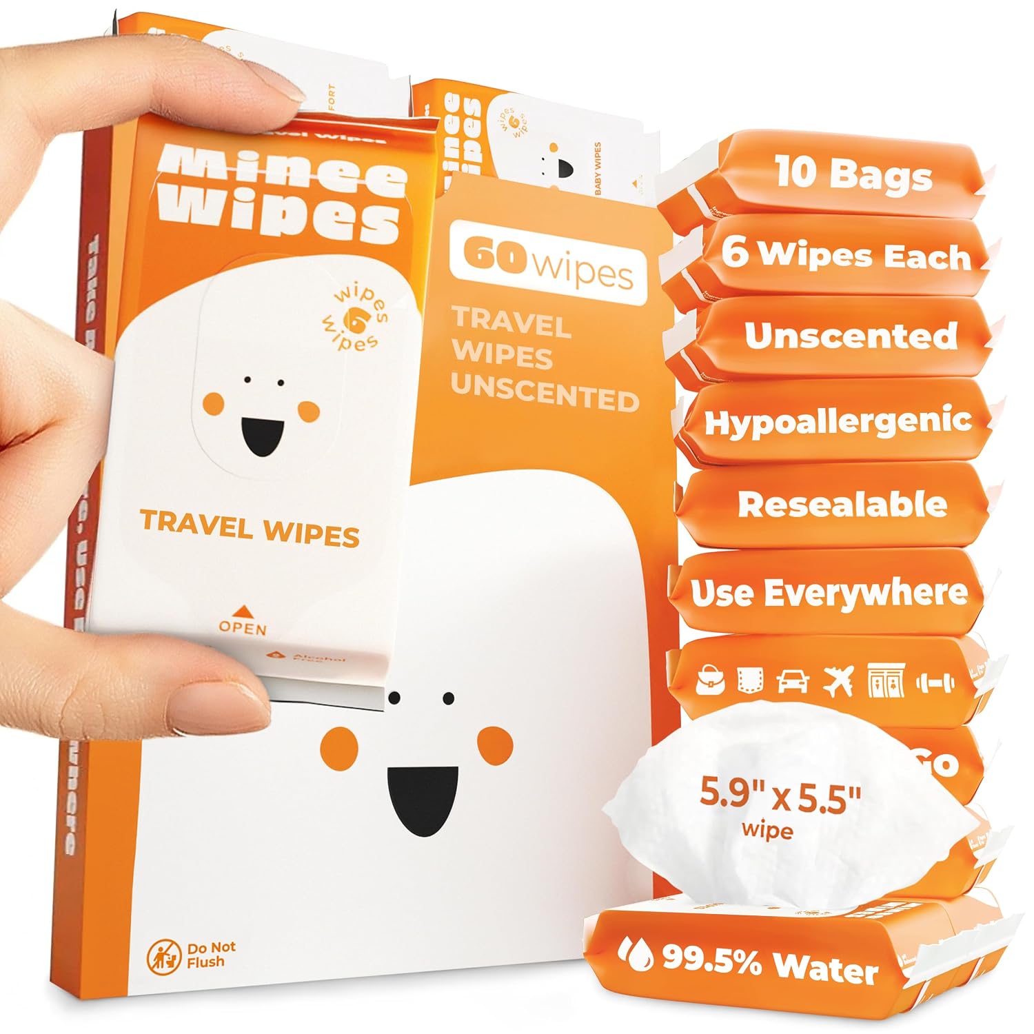 Impossibly Compact Travel Wipes – 99.5% Water – Safe for Sensitive Skin & Hypoallergenic, Resealable, Thick & Durable – For Adults & Kids – Unscented, 10 Pack Total 60 Wipes
