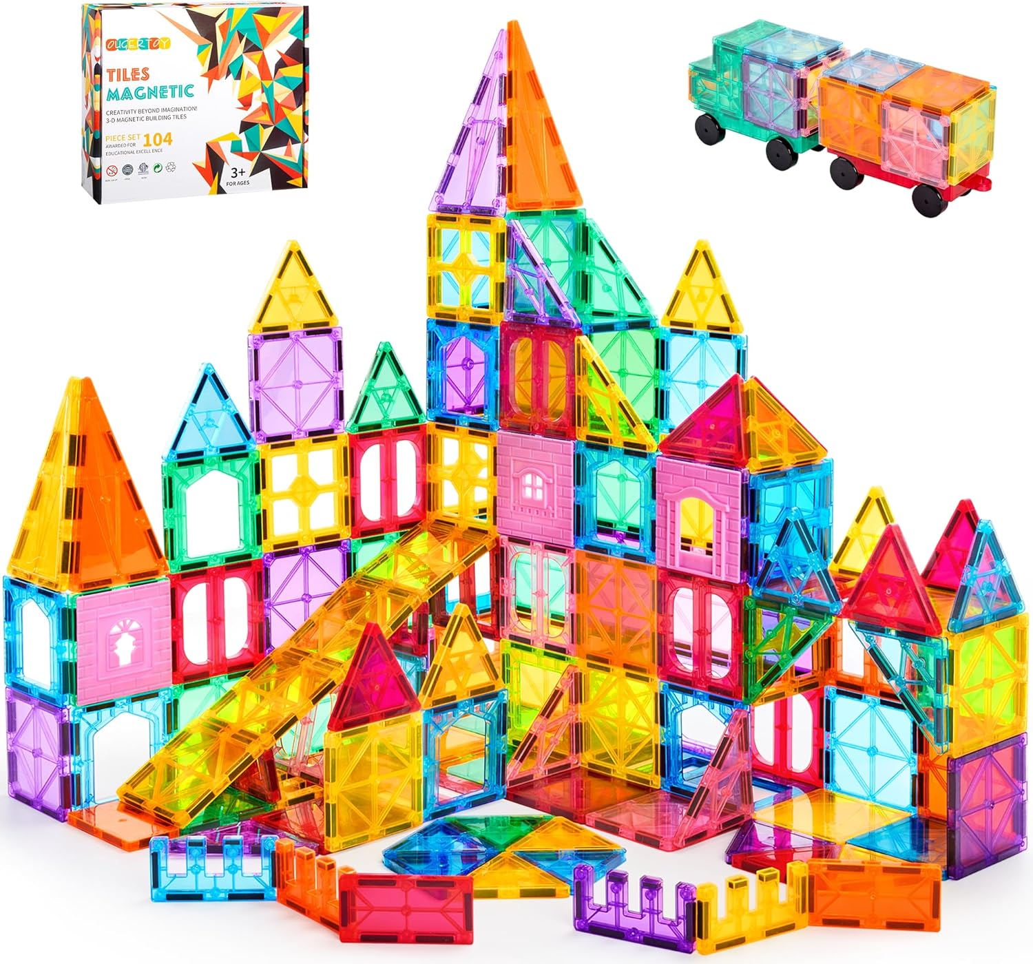 OugerToy 104PCS Magnetic Tiles STEM Building Blocks for Kids Ages 3-9, Educational Stacking Toys with Car Bases, Creative Construction Gift for Boys Girls