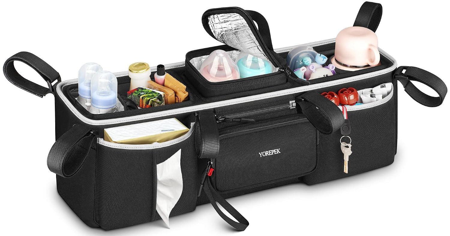 YOREPEK Heavy Duty Double Stroller Organizer, Large Capacity Stroller Caddy | for Bob Duallie, City Mini GT2 , Jeep, Detachable Cooler Bag and Handbag, Stroller Storage Attachment for Baby Accessories