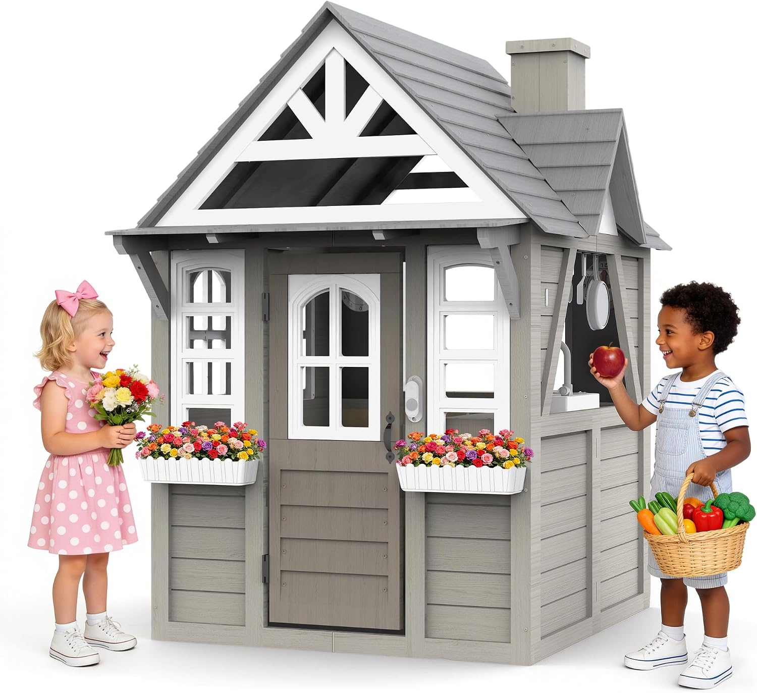 Kids Outdoor Cedar Playhouse, Weather-Resistant Gray Wooden Play House for Ages 3–8 with Play Kitchen, Working Doorbell, Toy Phone & Flowerpots — Durable Backyard Gift for Creative & Social Play