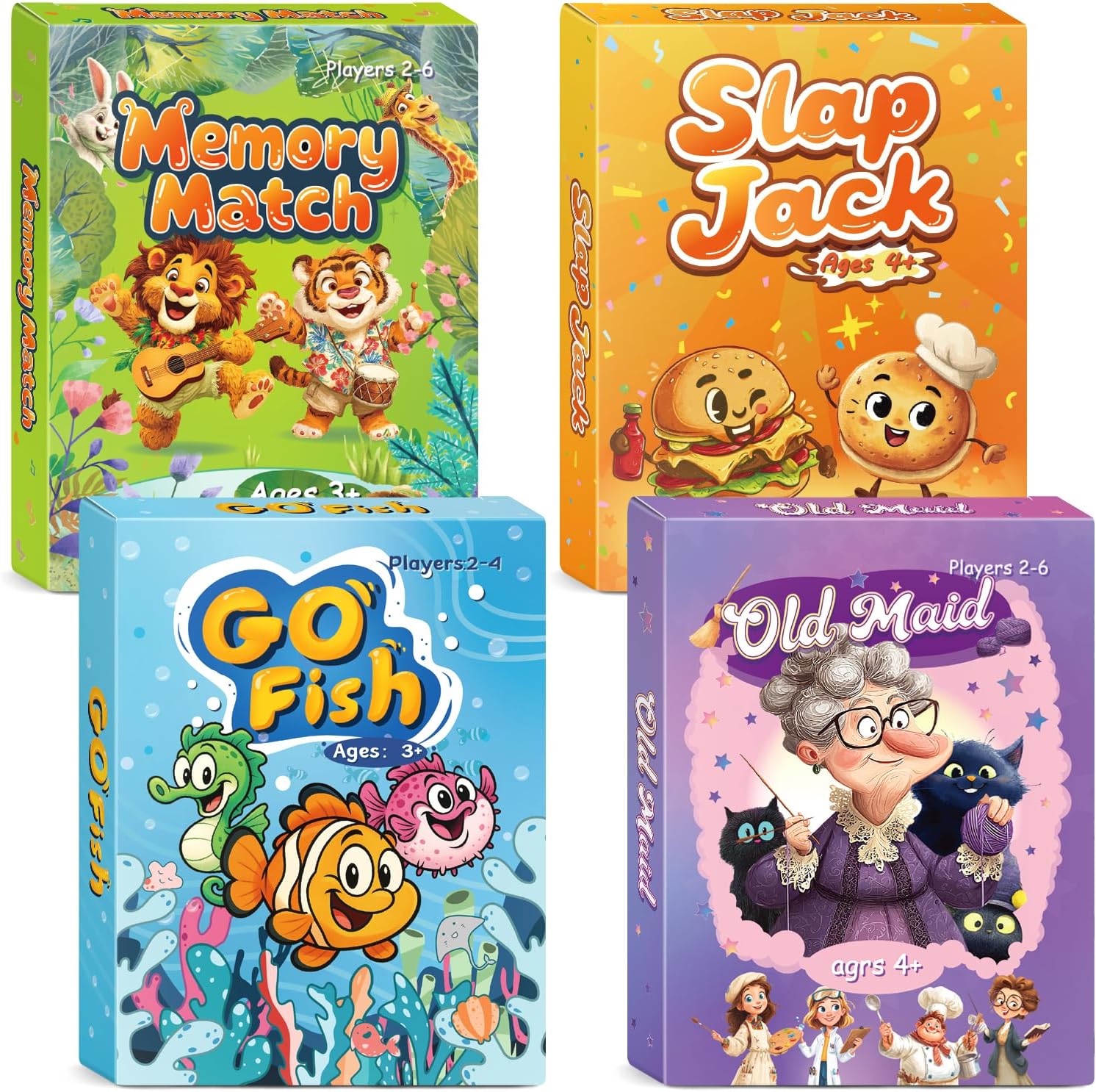 Card Games for Kids: Go Fish, Old Maid, Slap Jack, and Memory Match — 4 Decks in 1 Pack. Classic Kids Card Games for Family Game Night, Perfect for Toddlers, Kids