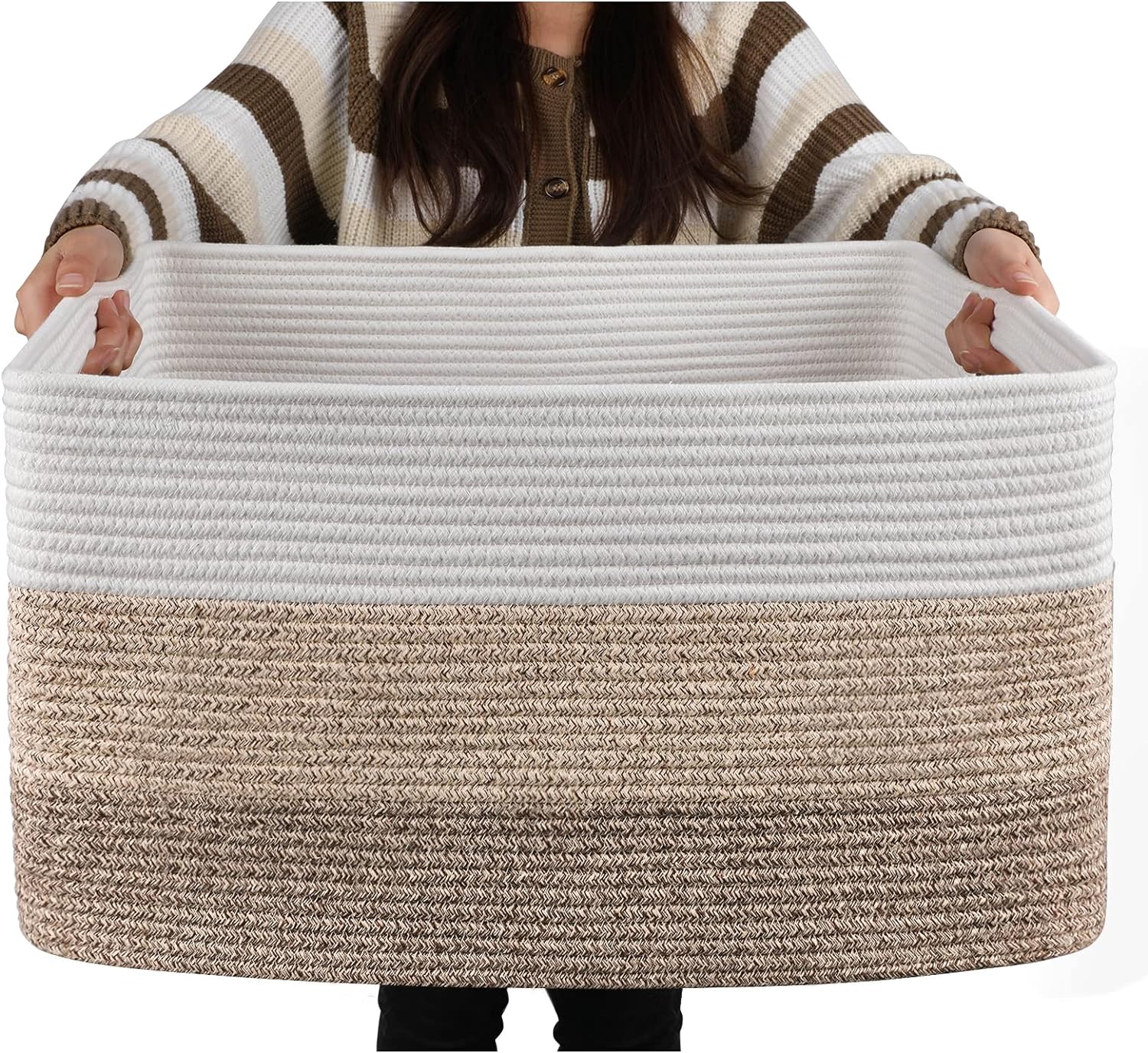 OIAHOMY Large Blanket Basket, 22”x17”x12” Rectangle Woven Baskets, Nursery Blanket Storage Living Room, Toy Storage With Handle, Large Baskets for Organizing-Gradient Yellow