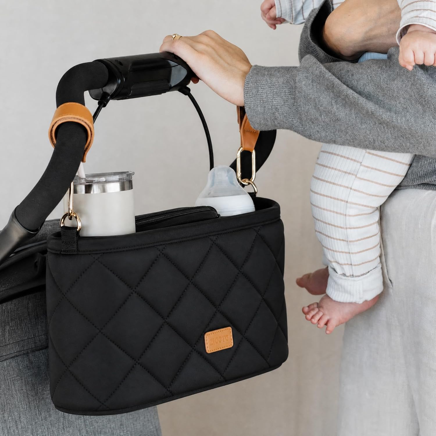 Beautiful Stroller Caddy Organizer With 2 Cup Holders – Luxury Stroller Bag, Universal Fit, Leather Straps & Zipper Pocket – Spacious Accessories Perfectly Fits Doona, Nuna & Uppababy Strollers
