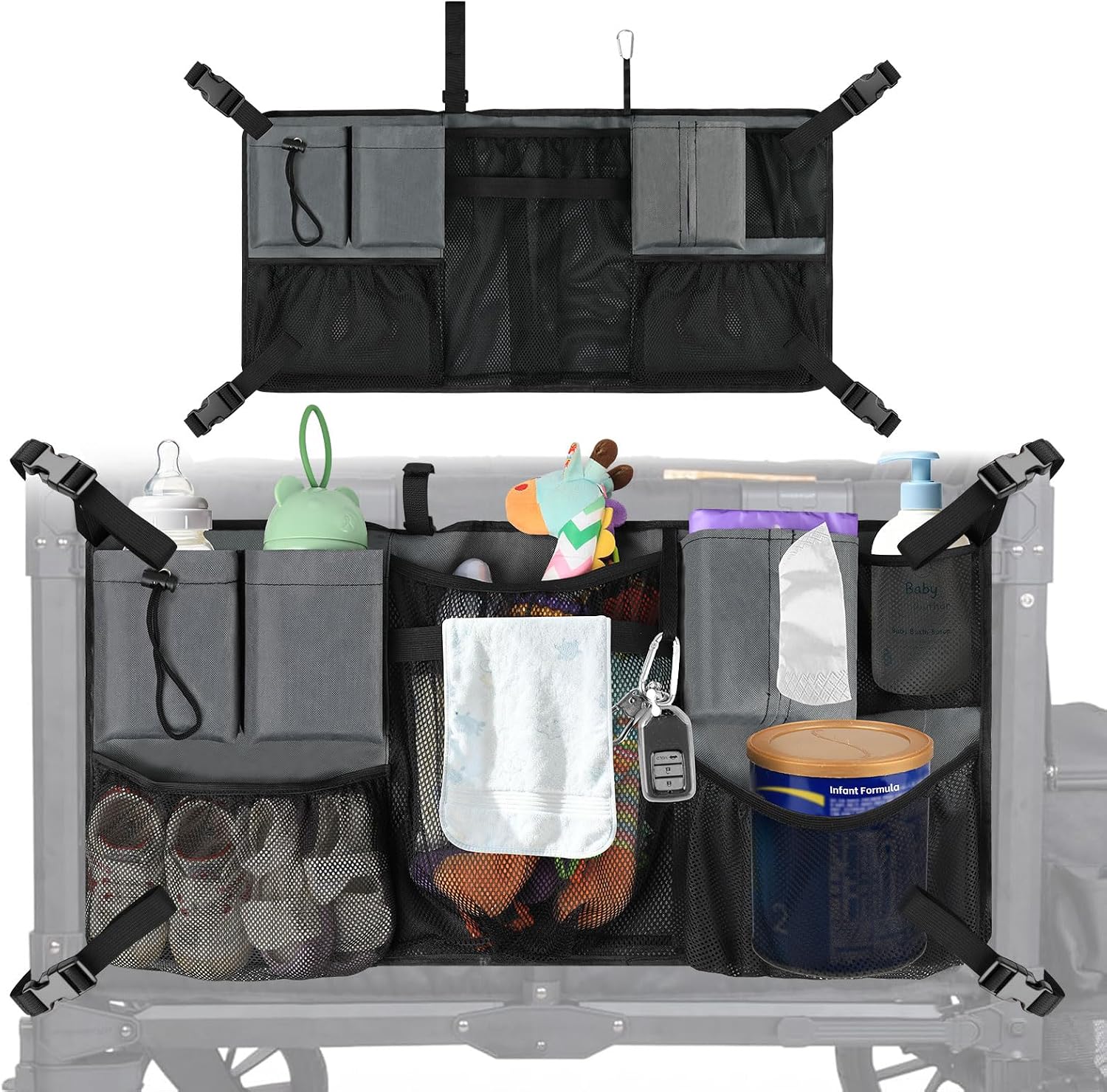Adjustable Straps & Buckles Stroller Wagon Cargo Net Organizer, Wagon Accessories Compatible with WONDERFOLD W-Series Models, Large Capacity Mesh Cargo Storage Bag with Sorting Pockets for Keenz Wagon