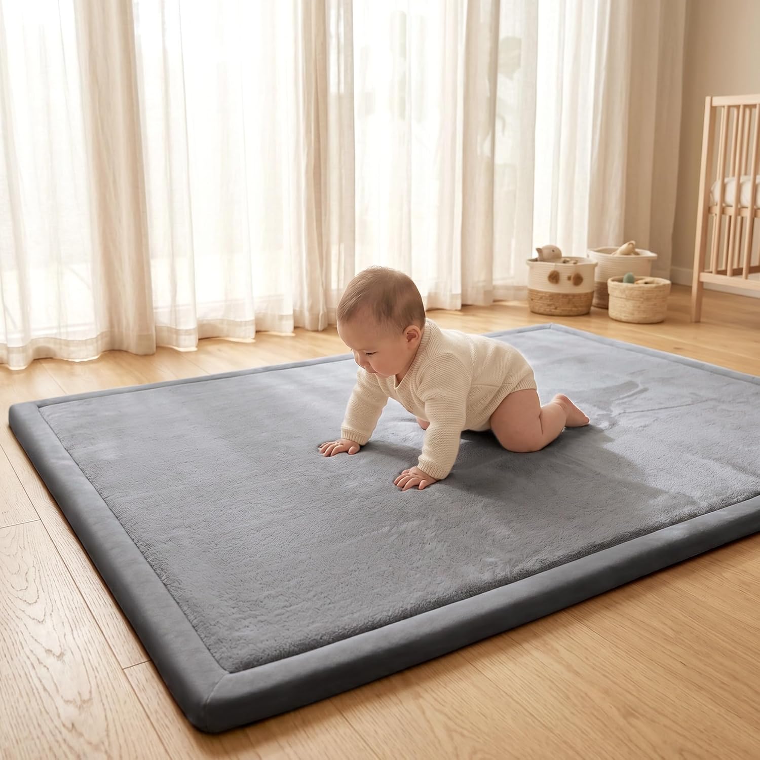 ACOMOPACK Baby Play Mat for Floor,1.3″ Thick Elasti-Foam 59″×71″ Non-Slip Water Repellent,Non-Toxic Playpen Mat for Infants Toddlers Kids, Ultra Soft Coral Velvet for Tummy Time Crawling（Dark Grey）