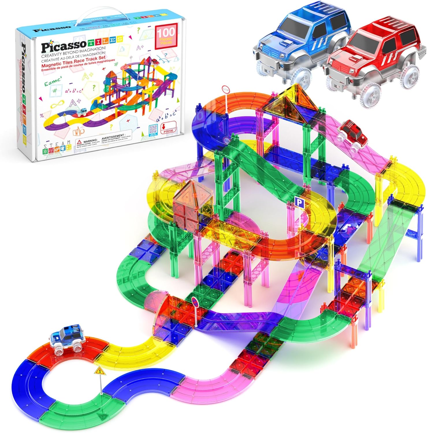 PicassoTiles 100 Pcs Race Track Magnetic Tiles Building Set LED Cars Truck Included with Adjustable Roads and Signs Multicolored STEM Toy Kit Construction Educational for Boys & Girls Ages 3+ PTR100