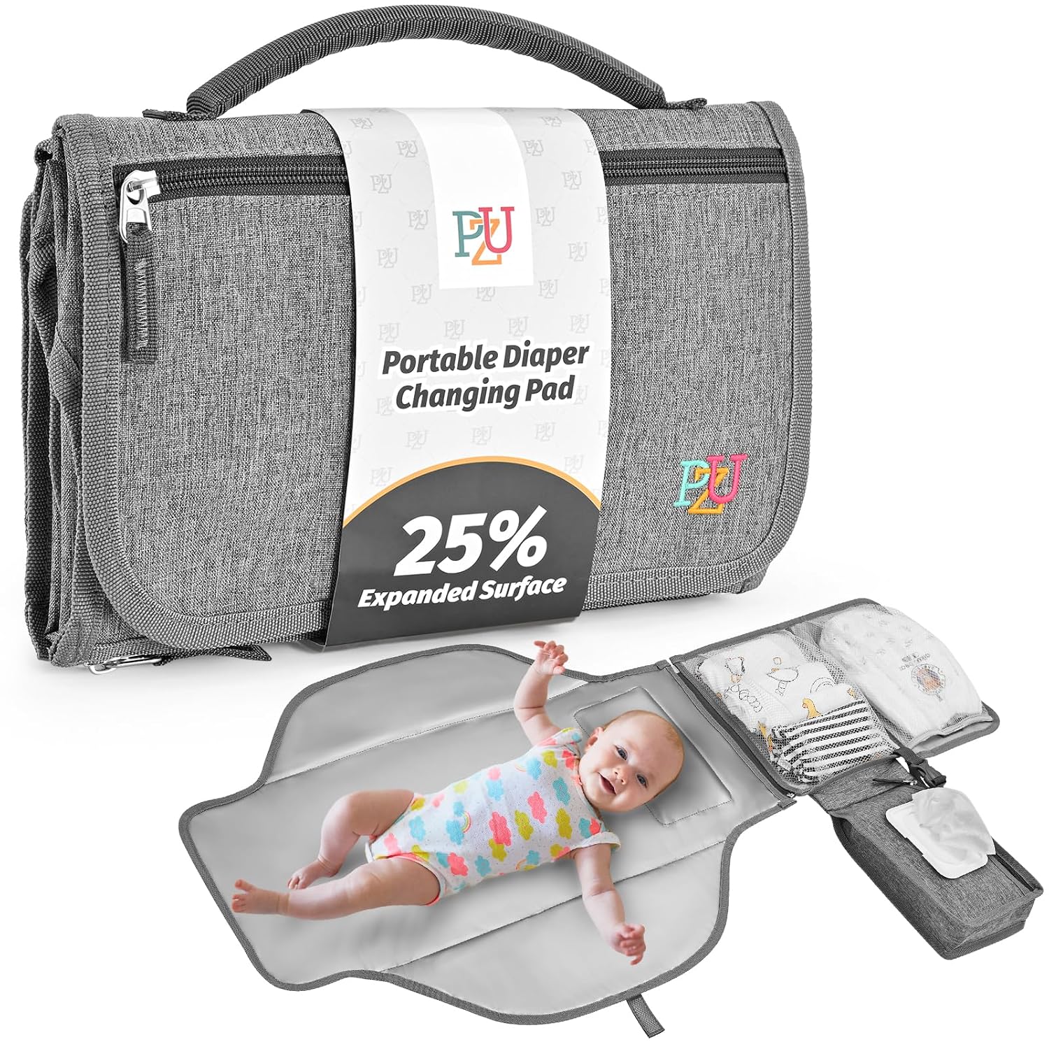 PZU Portable Diaper Changing Pad – Changing Pad Portable with Wipes Pocket, Waterproof Diaper Changing Mat, Portable Changing Pad for Baby, Newborn Gift（Grey）