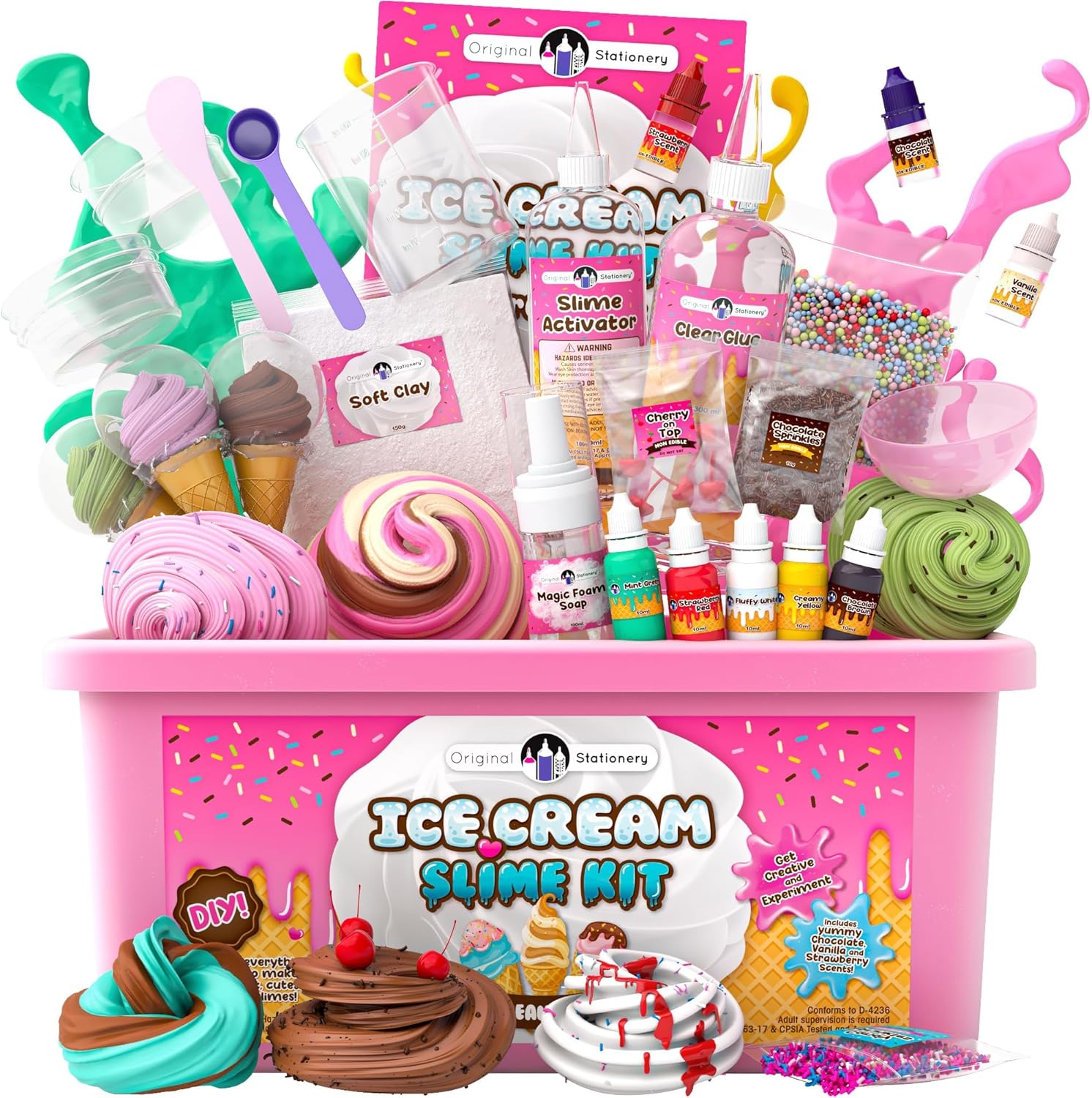 Original Stationery Ice Cream Slime Kit for Girls Toys, DIY Cherry-Scented Slime Making Set with 31 Pieces, Fun Arts and Crafts for Kids Ages 8-12, Birthday Gift