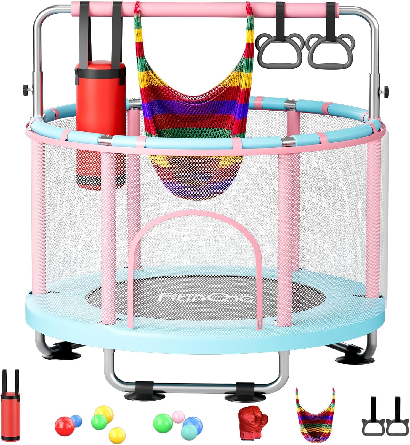 55″ Toddler Mini Trampoline for Kids, Indoor Outdoor Toys with Swing, 440lbs Baby Kids Trampoline, Gymnastics Bar, Birthday Gifts for Boy Girl Age 1-8