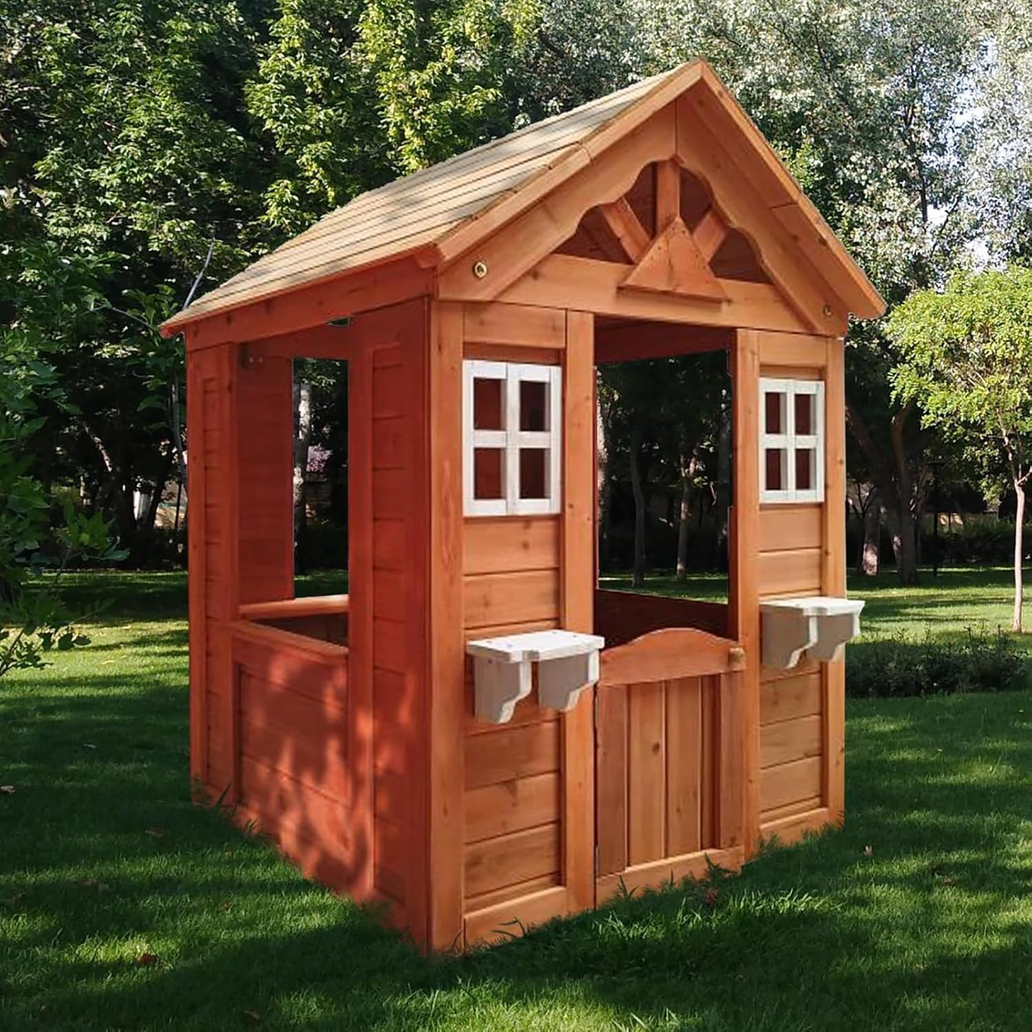 Kids Playhouse, Outdoor Cottage Playset, Wooden Kids Playhouse with 2 Windows and Flowerpot Holder, 42″ Lx46 Wx55 H