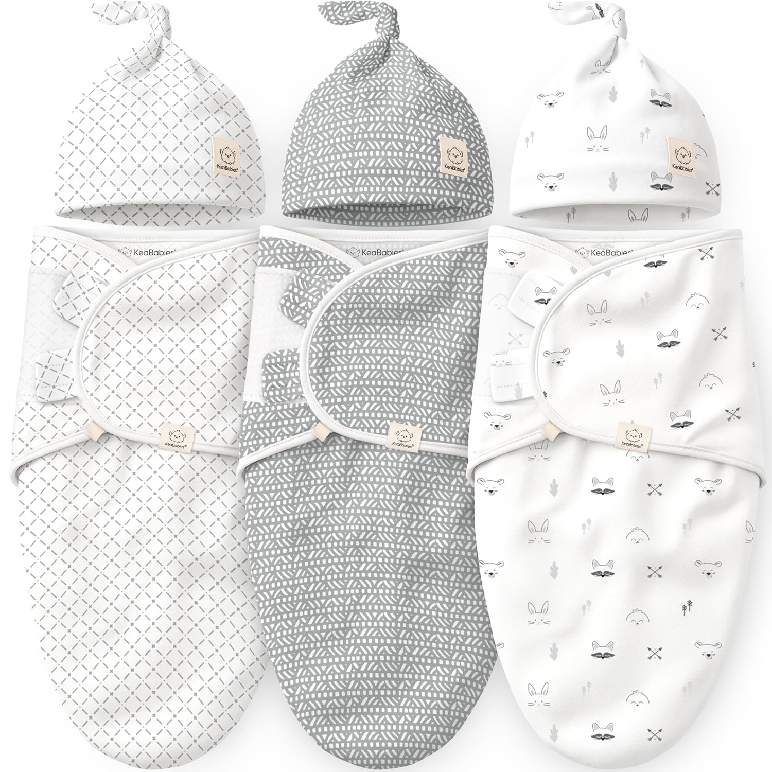 KeaBabies 3-Pack Organic Swaddles for Newborns Girls, Boys with Hats – Soft Cotton Baby Sleep Sacks 0-3 Months, Breathable Baby Hats and Swaddles 0-3 Months, Newborn Essentials Must Haves (Nordic)