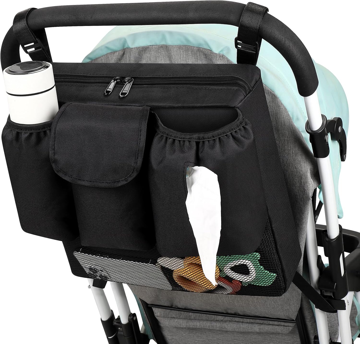 Accmor Stroller Organizer, Universal Large Capacity Stroller Bag Caddy Organizer Accessories for Uppababy, Nuna, Doona, Britax Strollers, Black