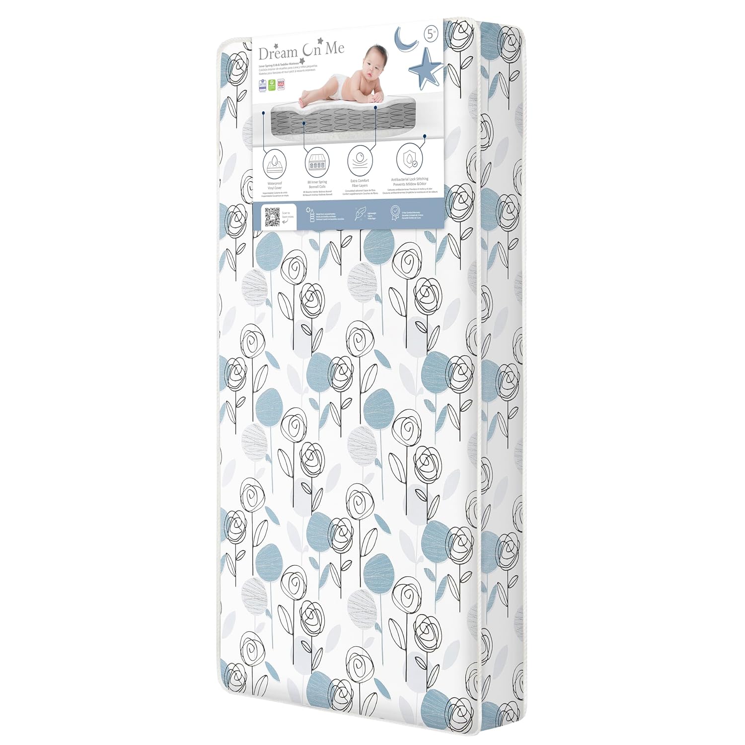 Dream On Me Nap Nest Crib and Toddler Mattress, Dual-Sided – Infants & Toddlers, Waterproof 5” Mattress with 88 Interwoven Coils, 75% Recycled Fiber, GREENGUARD Gold & BSA Certified – Teal Flowers