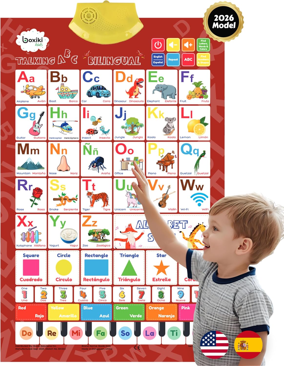 Bilingual English & Spanish Interactive Alphabet Wall Chart (2026 Model) – Talking ABC Letters, Numbers 123 & Music Learning Poster – Educational Toy for Toddlers & Kids Ages 3+