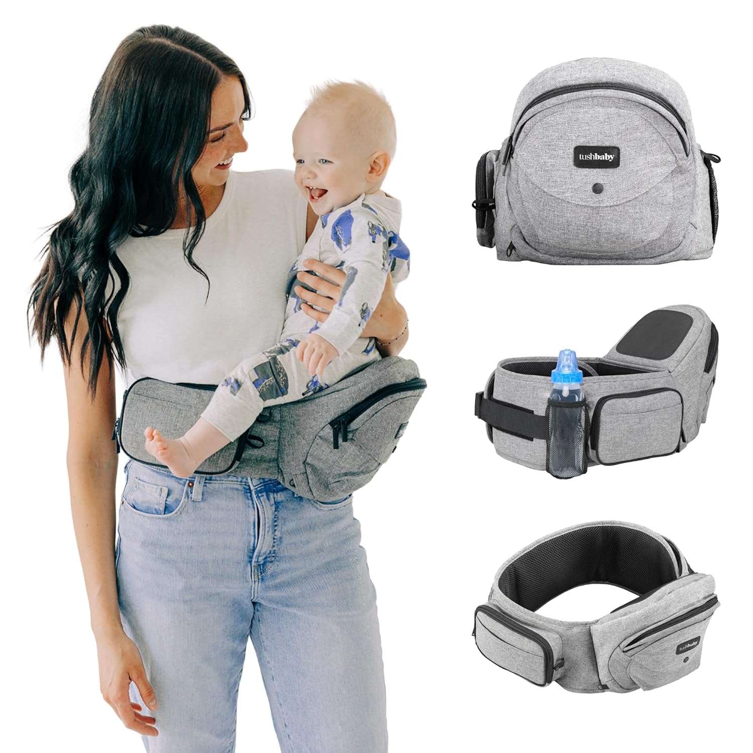 Tushbaby Original Hip Seat Baby Carrier for Babies & Toddlers up to 45 lbs, Safety Certified, Lightweight No-Foam Design with Storage, Grey