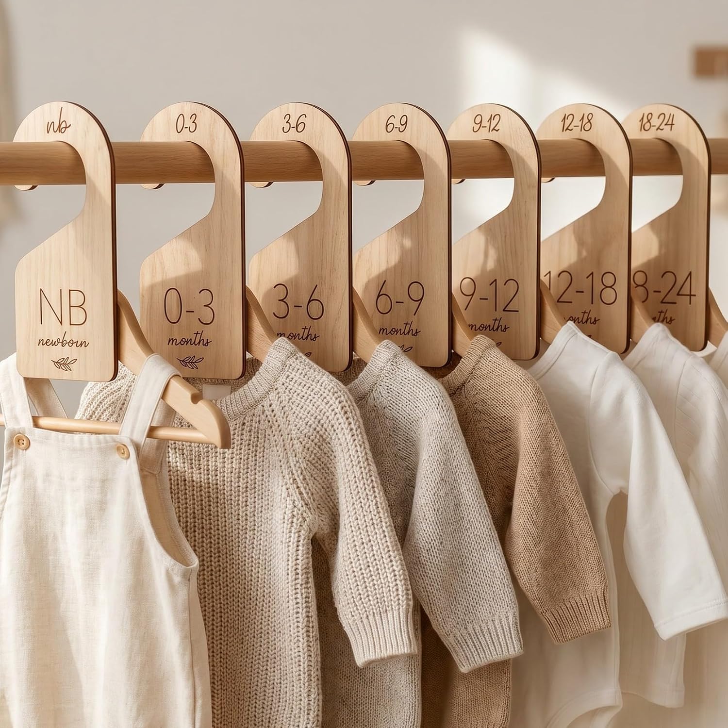 Beautiful Wooden Baby Closet Dividers Set of 7 – Double-Sided Organizer for Newborn to 24 Months Size Clothes – Adorable Nursery Decor Hanger Dividers Easily Organize Your Little Girls or Boys Room