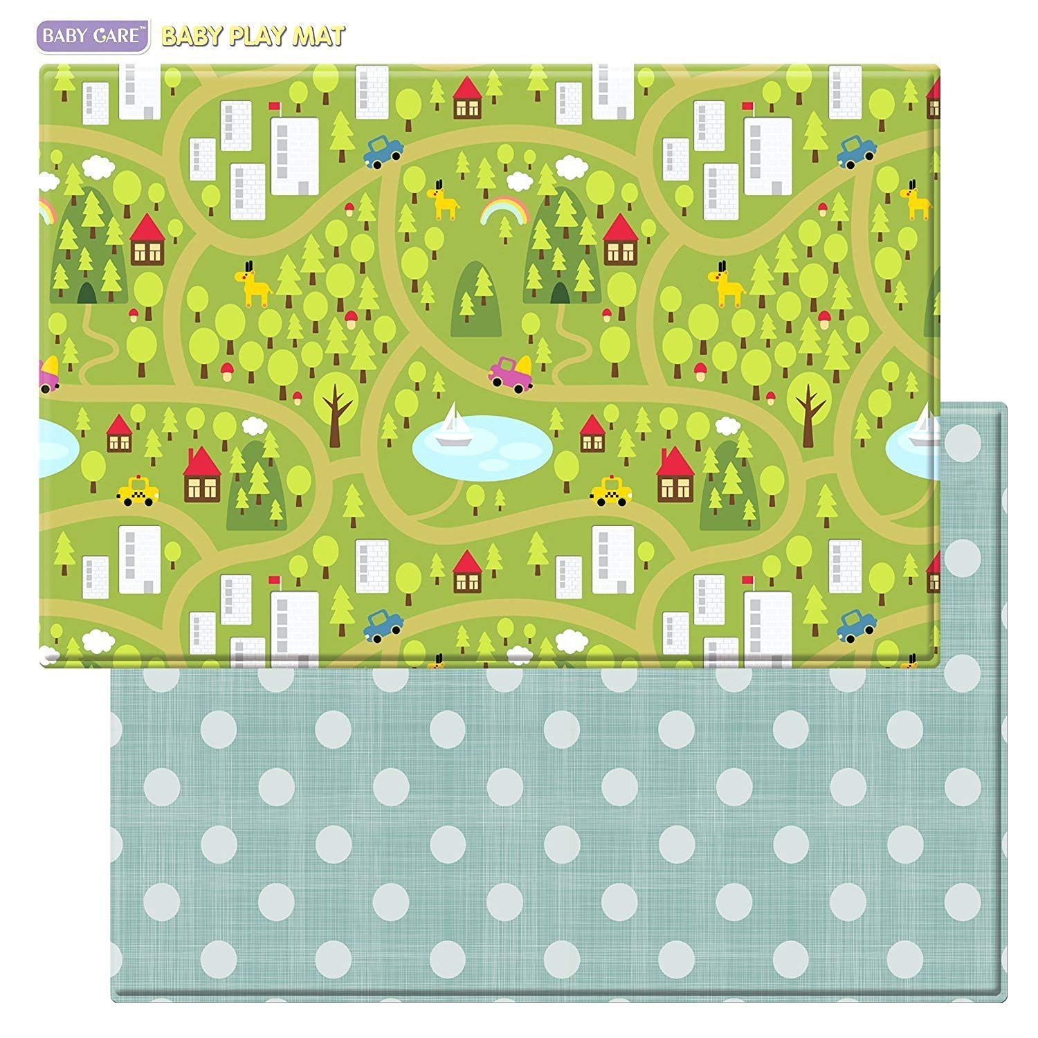 Baby Care Play Mat (Large, Playful – Country Town (Blue)) 82” x 55” Original One-Piece Reversible Rollable Waterproof Play Mat for Infants, Babies, Toddler, and Kids