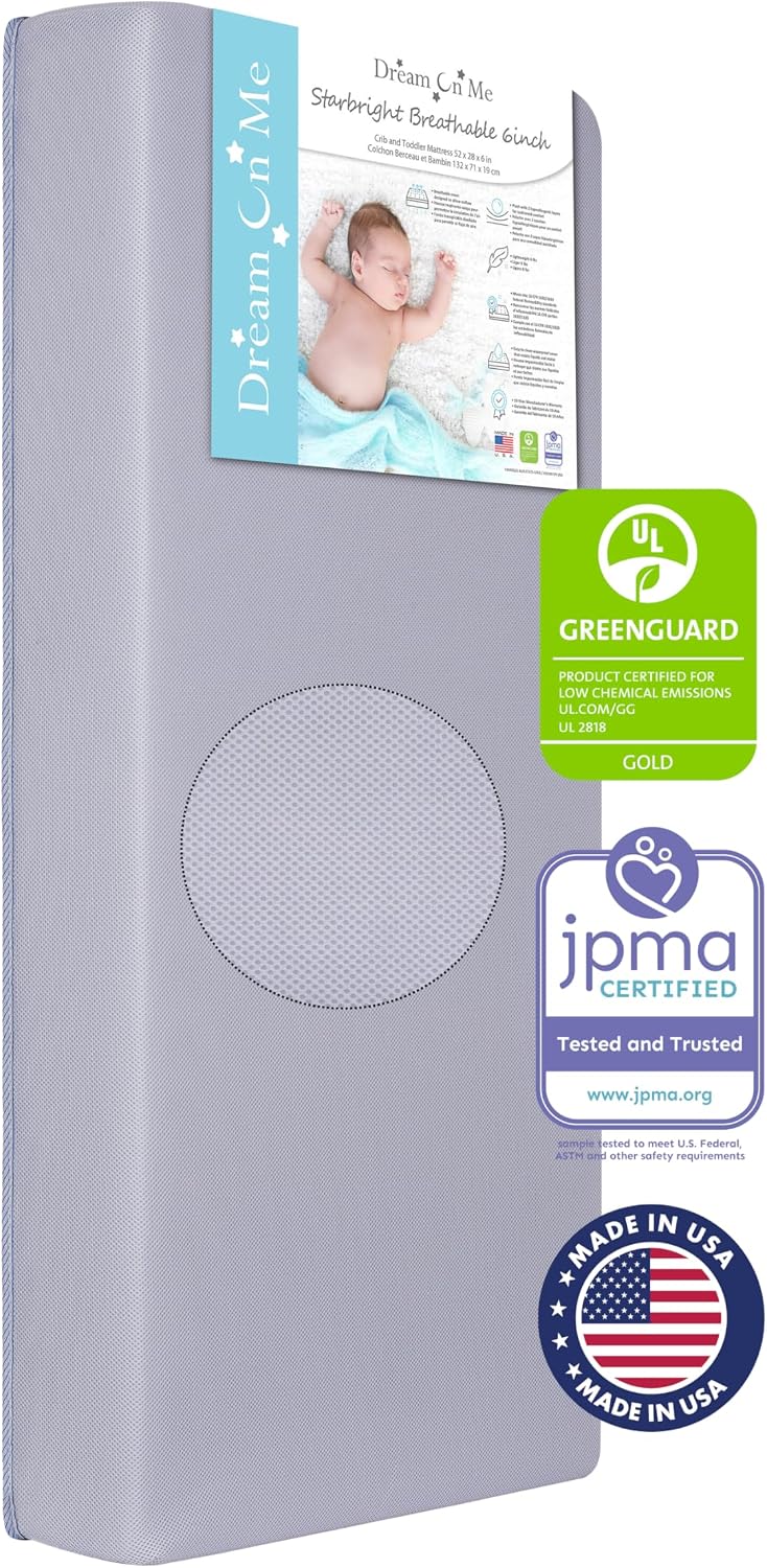 Dream On Me Starbright Breathable Fiber Crib and Toddler Mattress, Greenguard Gold Certified, Soft 3D Mesh Water & Stain Resistant Cover – Periwinkle