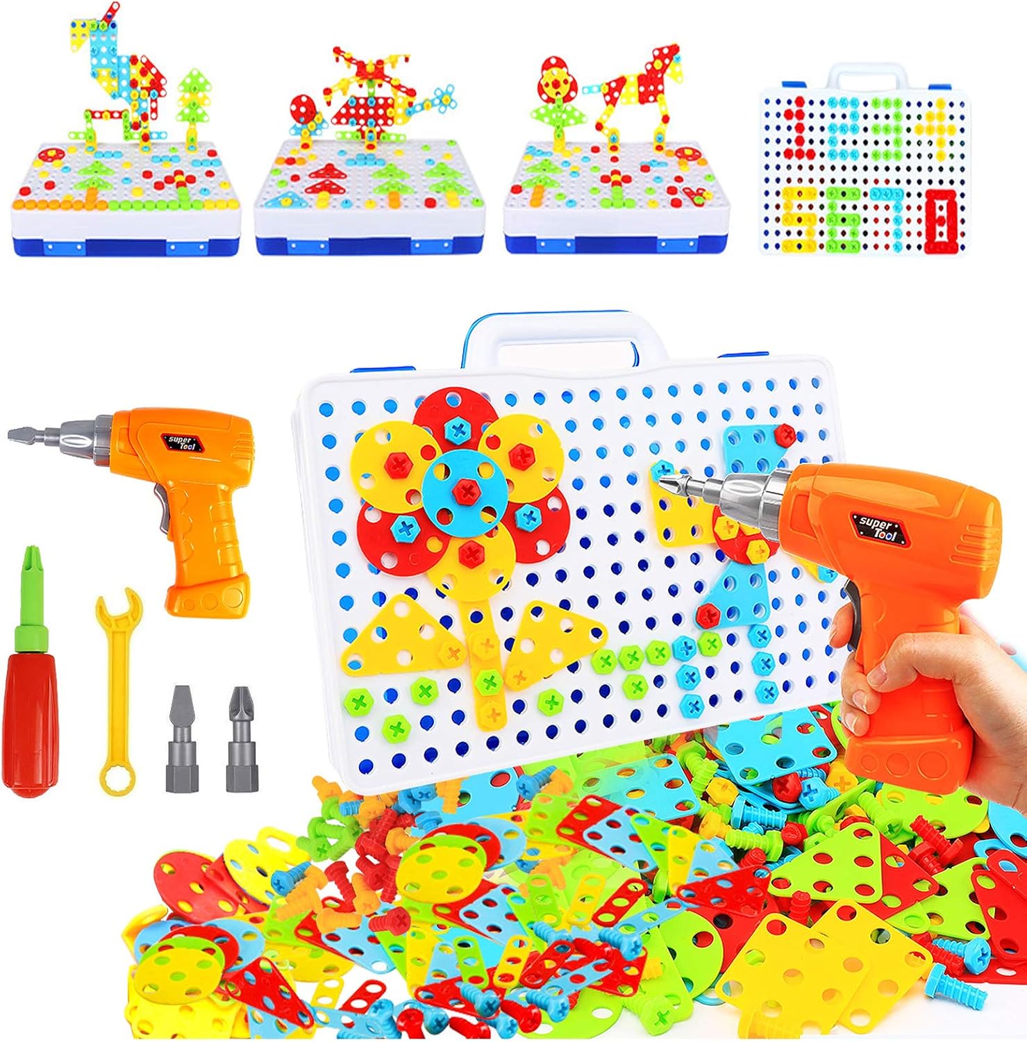 HAPTIME Design and Drill Toy,Educational Toys Building for Kids Ages 3-8,STEM Toys for 3 4 5 6 Year Old,193 Pcs Electric Drill Toy,Magic Montessori Play Toolbox for Toddler Boys Girls Preschool