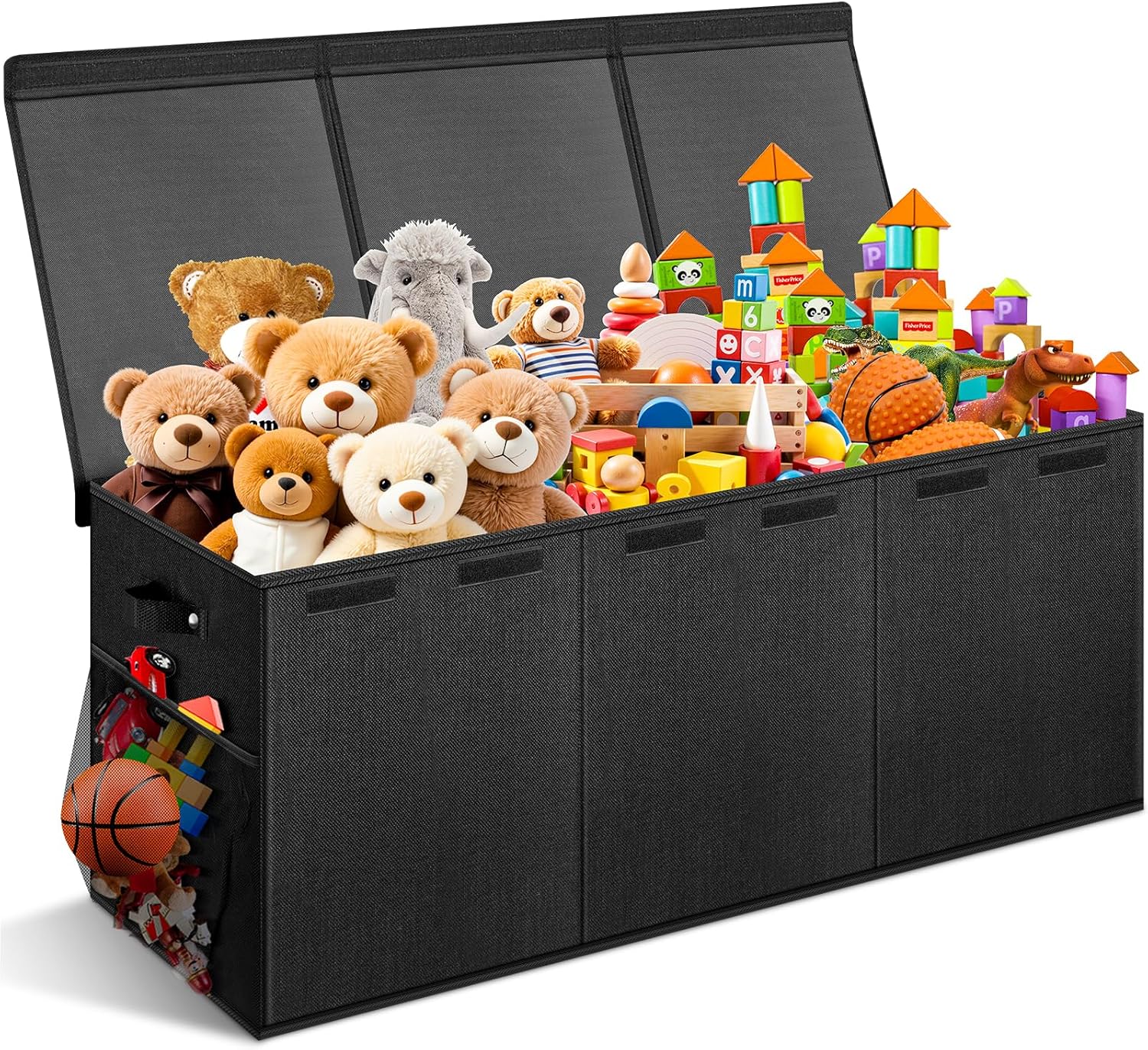 Extra Large Toy Box with Lids – Sturdy Collapsible Kids Storage Organizer Big Bin Chest Basket with Dividers for Boys Girls, Bedroom, Nursery, Living Room, Playroom Organization, 38″x16″x14″, Black