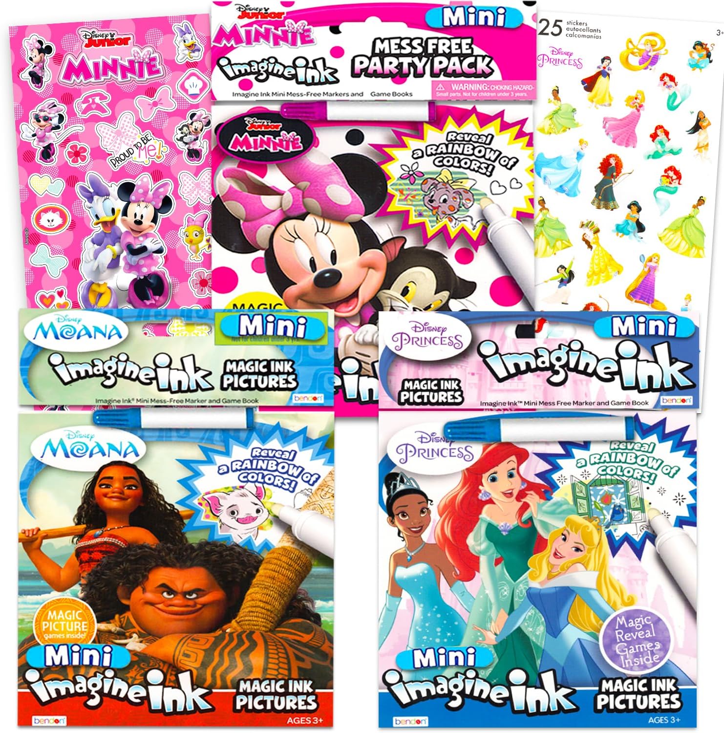Disney Princess Magic Ink Coloring Book Set – Bundle with 3 Imagine Ink Books for Girls Kids Toddlers Featuring Disney Princess, Moana, and Minnie Mouse with Invisible Ink Pen and Stickers