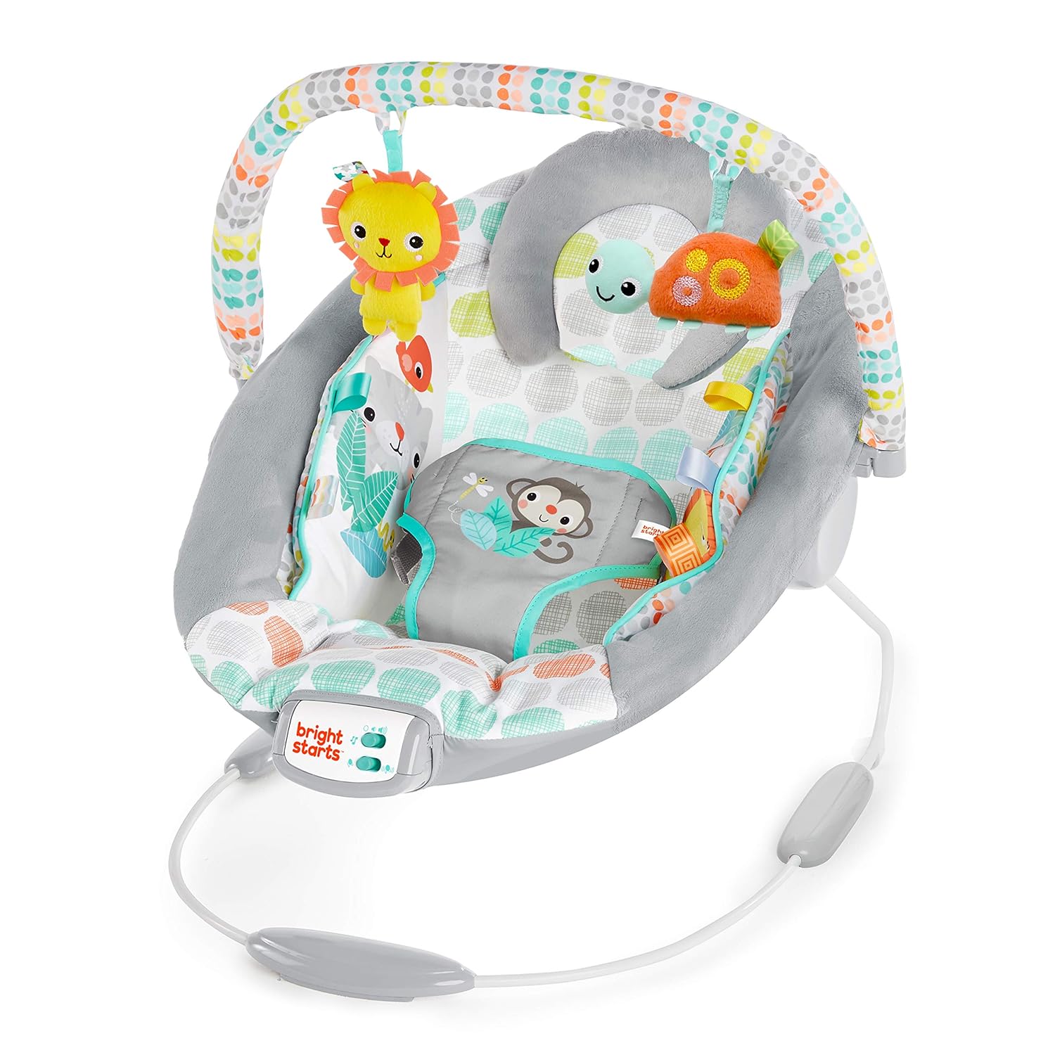 Bright Starts Comfy Baby Bouncer Soothing Vibrations Infant Seat – Taggies, Music, Removable -Toy Bar, 0-6 Months Up to 20 lbs (Whimsical Wild)