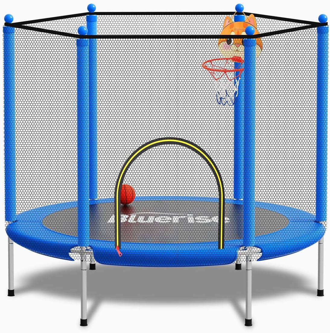 BLUERISE 55IN 6FT Toddler Trampoline for Kids Indoor Outdoor Play for Kids Trampoline Basketball Hoop Attachment with Enclosure Net Easy to Assemble