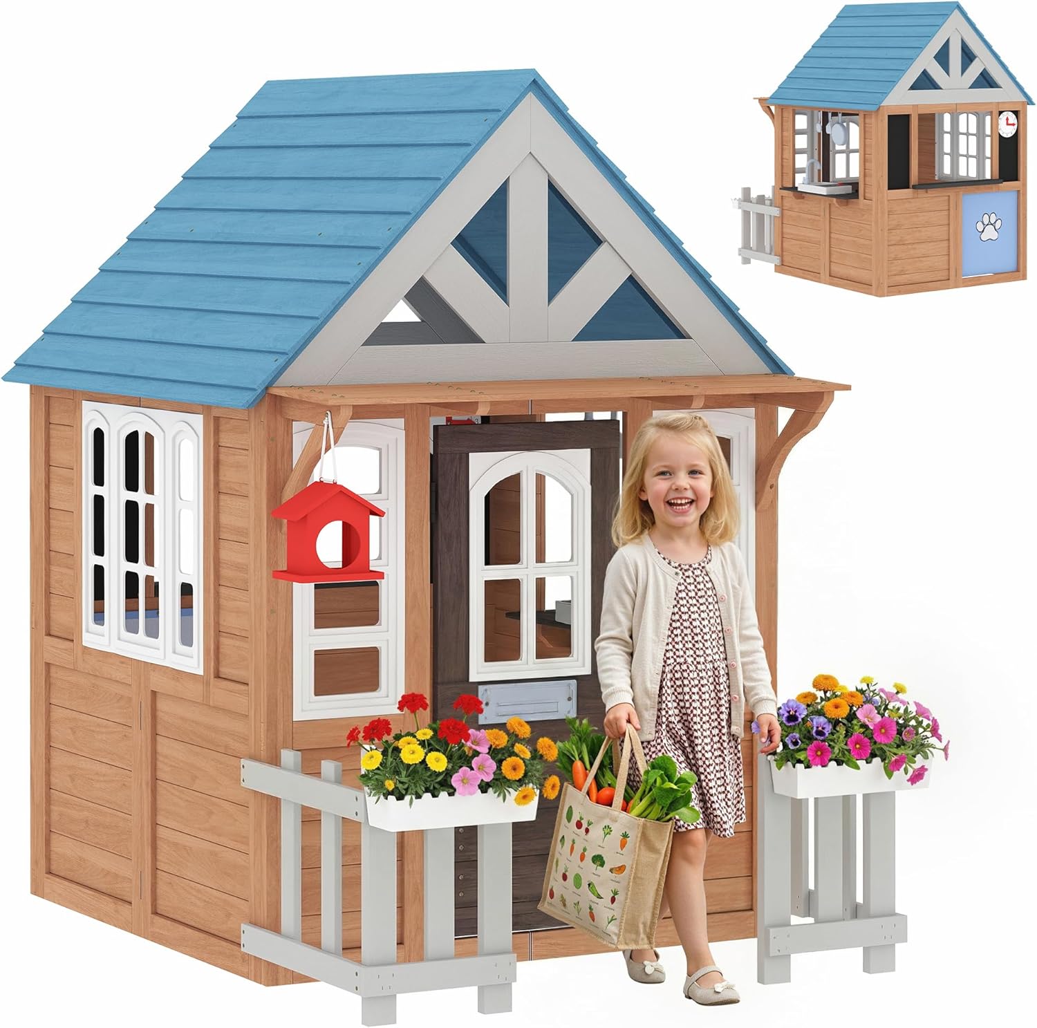 Qaba Outdoor Playhouse with Pet Door, Wooden Kids Playhouse with Play Kitchen, Mailbox, Doorbell, Birdhouse, Fence and Windows for Garden, Backyard, Indoor Playroom Pretend Play, Ages 2+, Brown