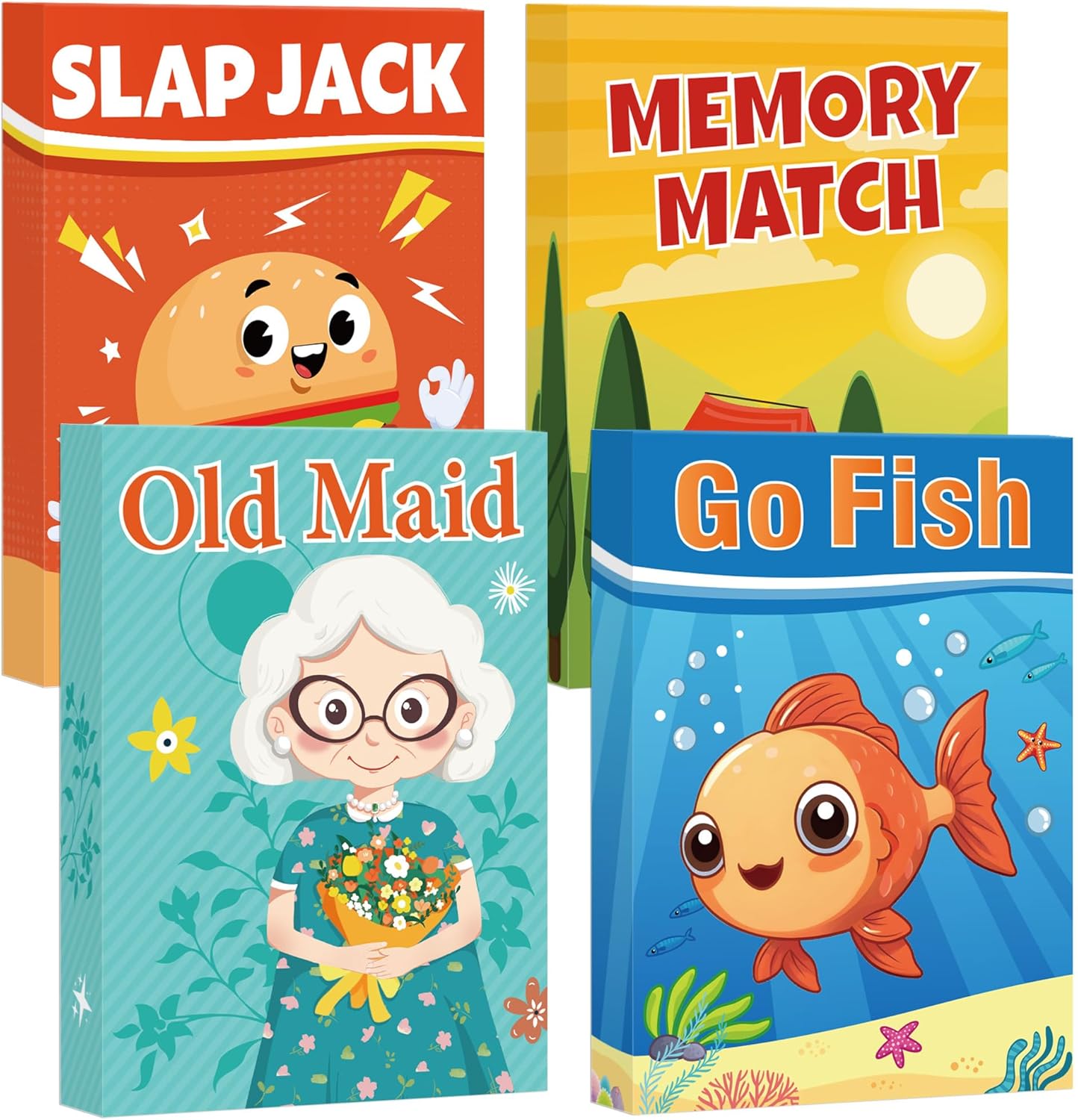 Etyishe Card Games for Kids Toddlers, Go Fish, Old Maid, Slap Jack and Memory Match, 4 Decks in 1 Pack, Fun Educational Gard Games for Family Game Night Table Games, Great Stocking Stuffers