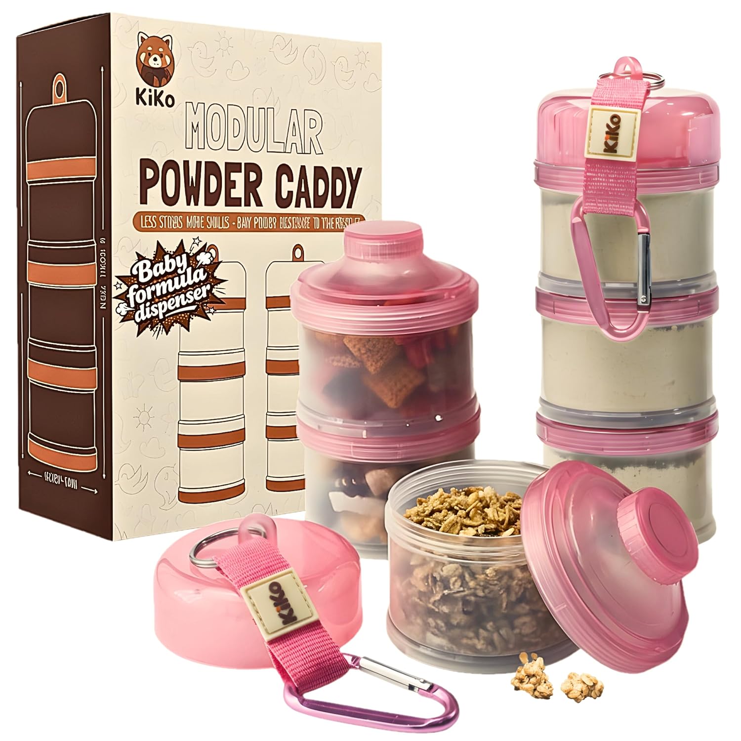 Formula Container to Go – Baby Essentials, Stackable Formula Dispenser for Night Feedings, Snacks and More – 2 Pack, by KiKo (Pink)