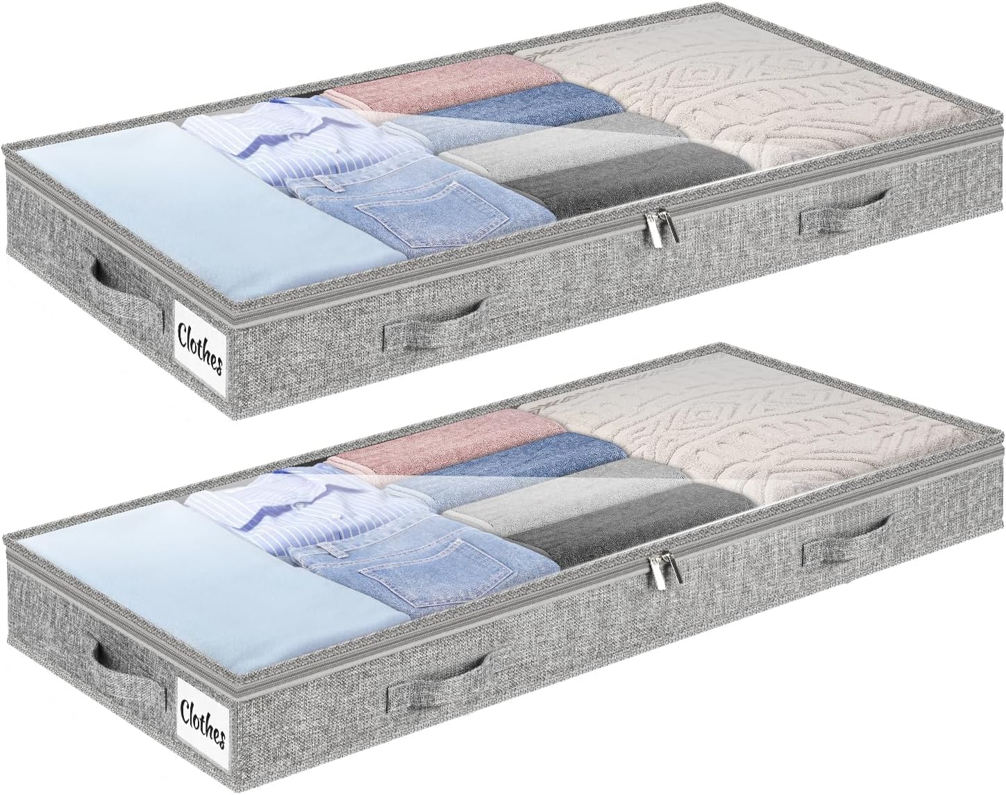 4 Inch Low Profile Under Bed Storage Drawer 2 Pack, Lightweight Underbed Clothes Storage Container Bins With NO STURCTURE, Shallow Storage Bag for Dorm & Home, With Clear Lids & Water-Resistant Fabric