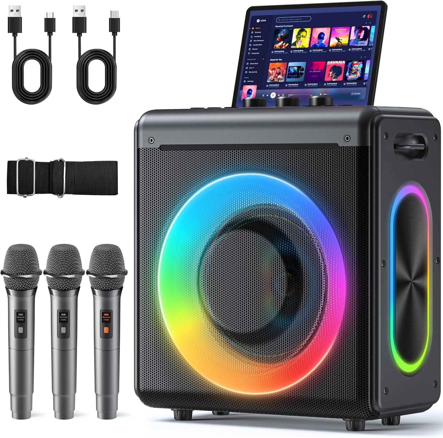 Karaoke Machine with 3 Wireless Rechargeable Microphones, Portable Bluetooth Speaker & PA System with LED Lights, Designed for Adults & Kids Home Parties, Supports TWS/TF Card/USB/AUX