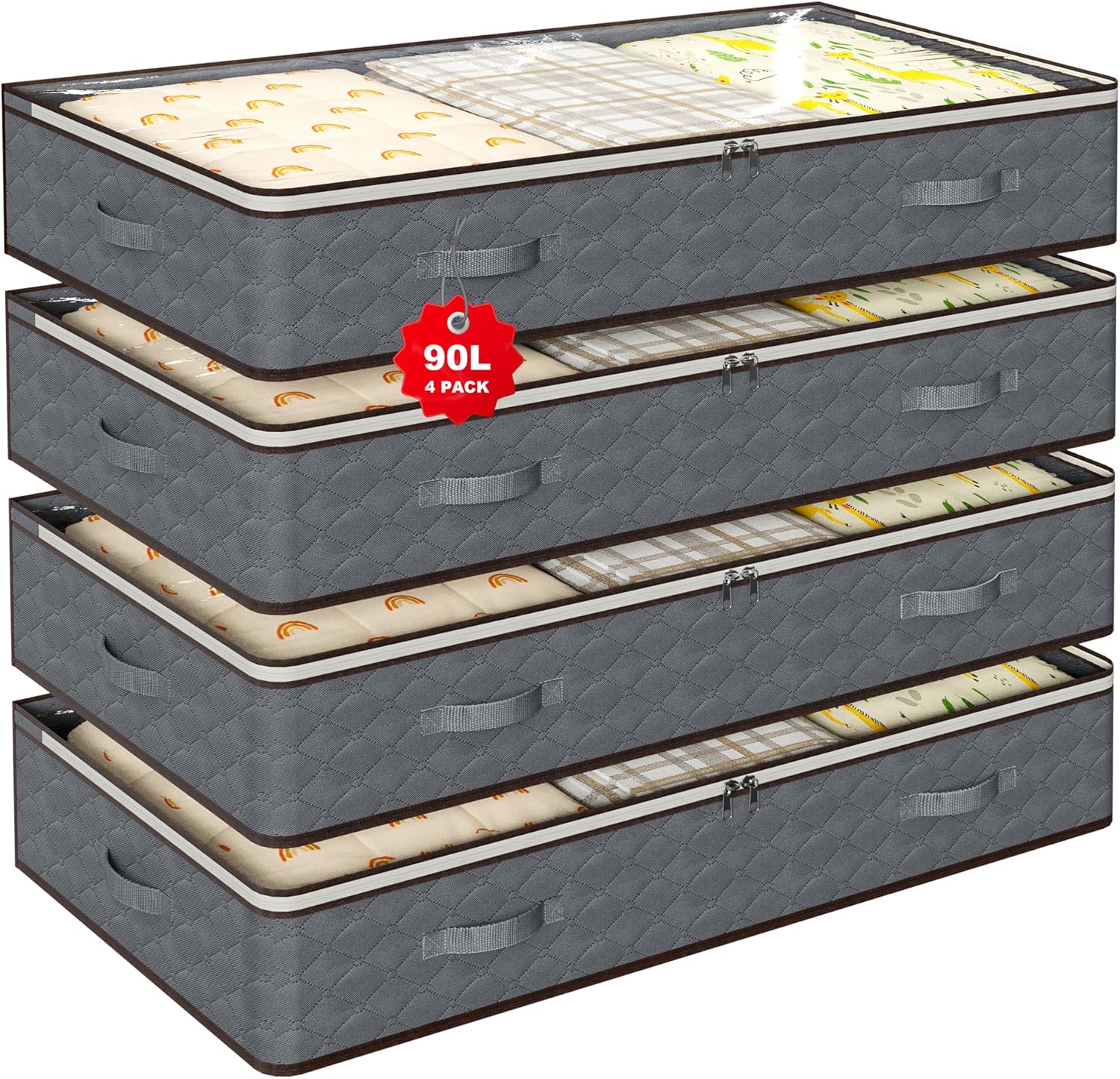 90L Under Bed Storage Containers,4-Pack Closet Organizers and Storage Bins,for Organization and Storage Clothes, Shoes, Blankets & Pillows,Visible Transparent Top Storage Bins with Lids, Grey