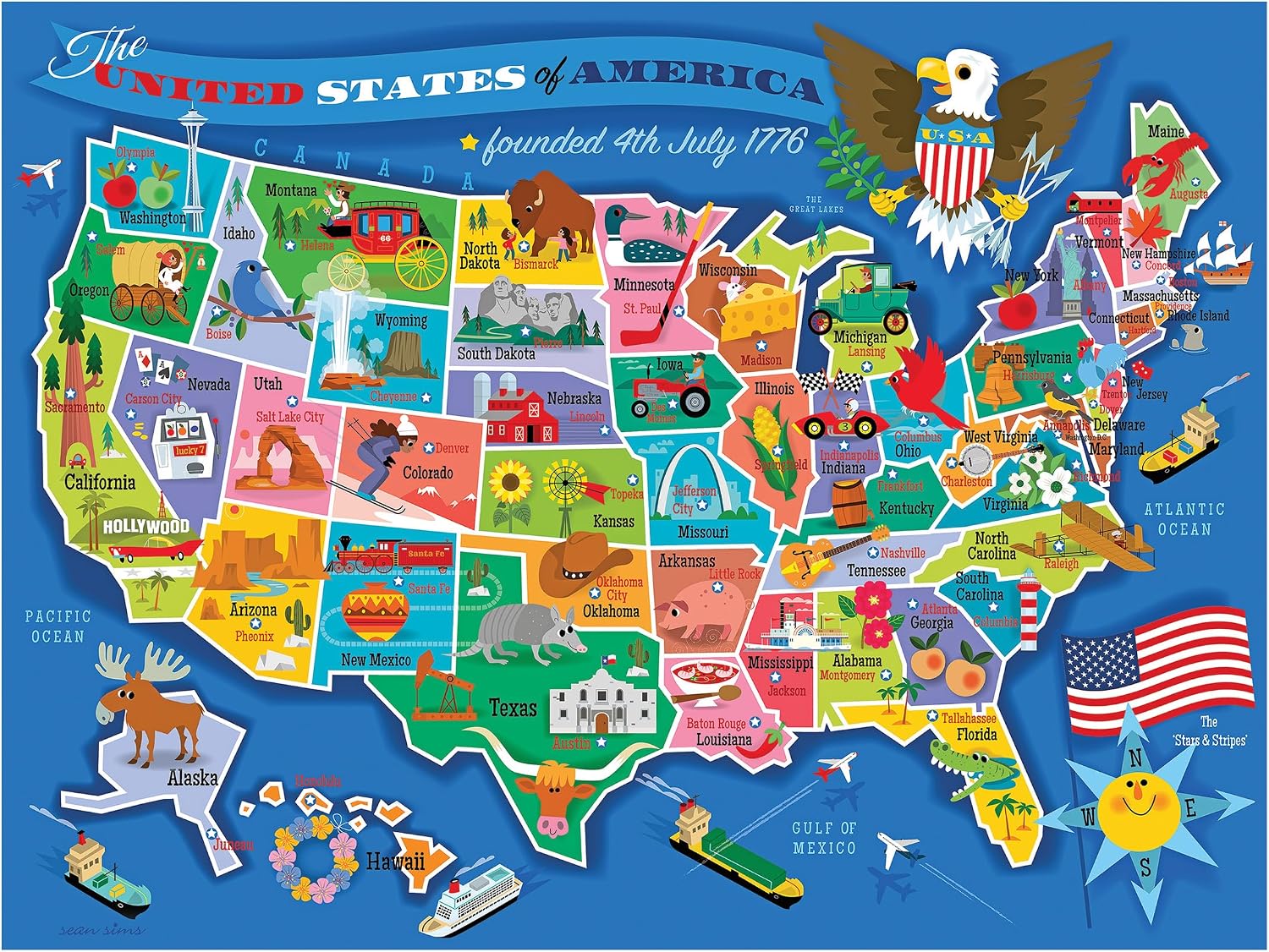 RoseArt Map of USA Puzzle for Kids – 100 Large Pieces, 24″ x 18″ – Educational United States Puzzle with Fun State Illustrations – Made in USA – Learning Toy for Ages 6+