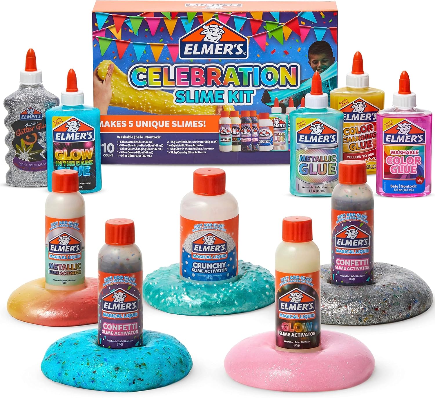 Elmer’s Celebration Slime Kit, Complete Slime Supplies, Includes Assorted Magical Liquid Slime Activators and Liquid Glues, 10 Count – Kids Activity, Creative Fun, Arts & Crafts