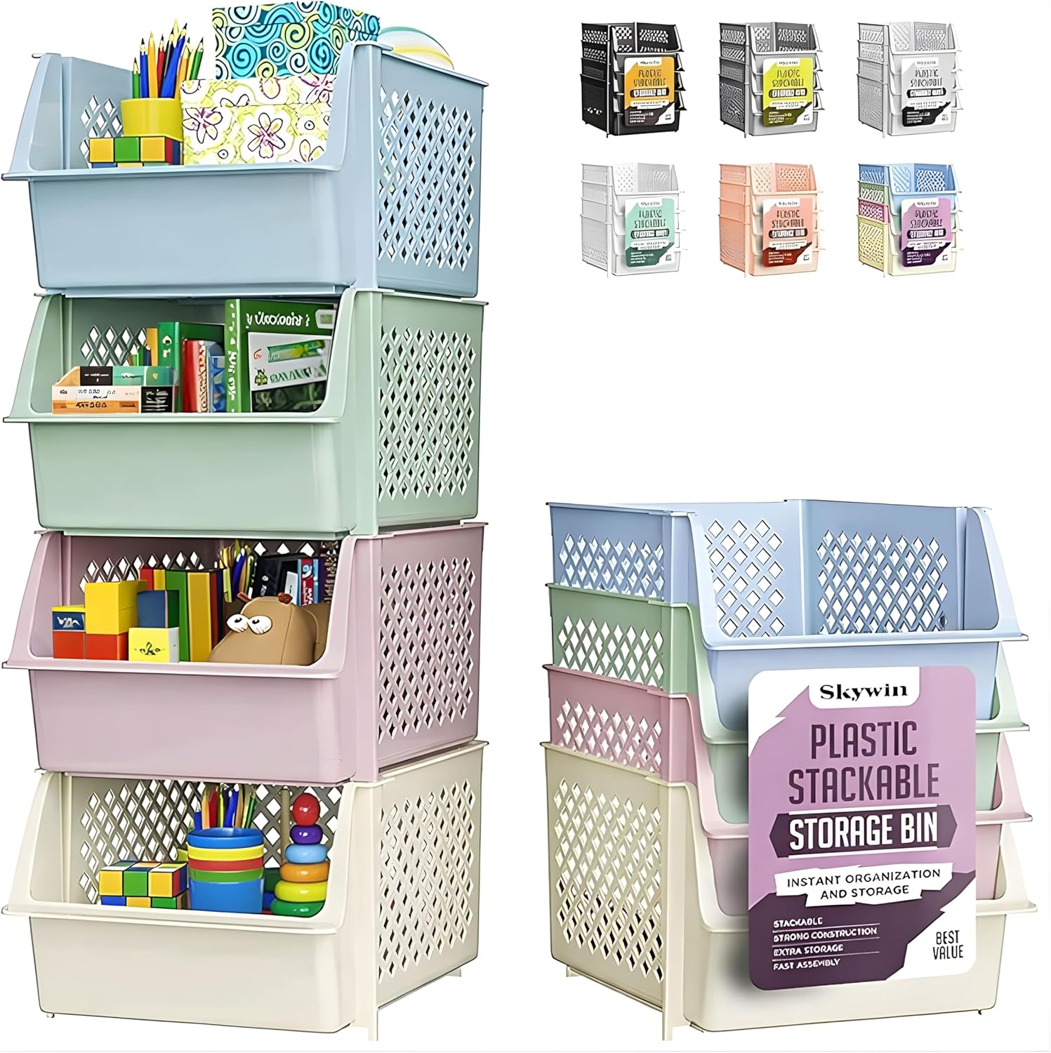 Skywin Stackable Storage Bins Open Front for Pantry Storage, 4 Pack – Multi | Sturdy Plastic, Easy Stacking, Open Front Access, Ventilated Sides, Vertical & Space Saving Pantry Organizers and Storage Bin