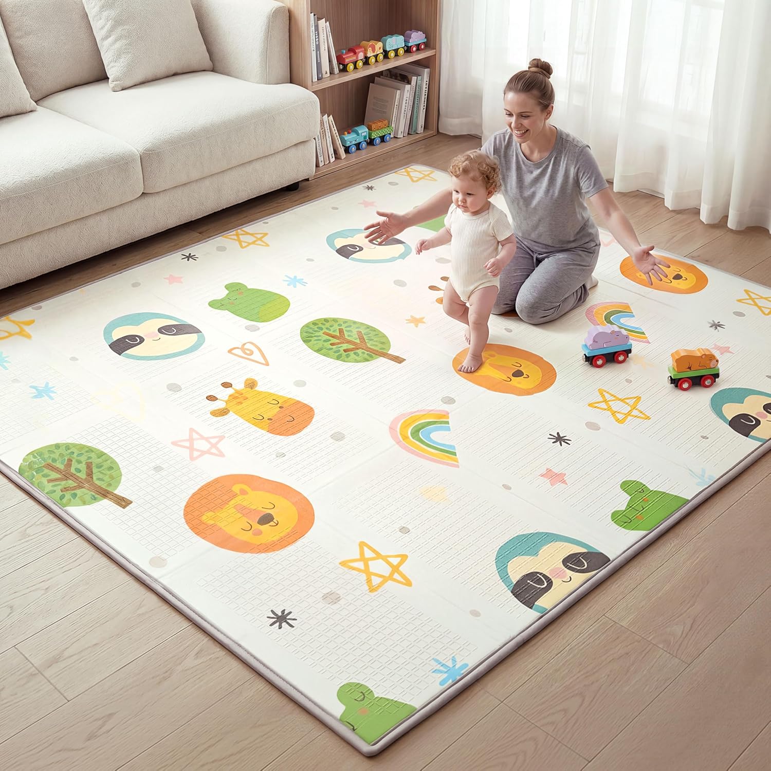 Baby Play Mat – Foldable 78″x51″ XPE Foam Baby Floor Play Mat with Fabric Surface, Double-Sided Cute Print, Soft Non-Slip Tummy Time, Play Mat for Babies 0-12 Months, Nursery, Playroom, Living Room