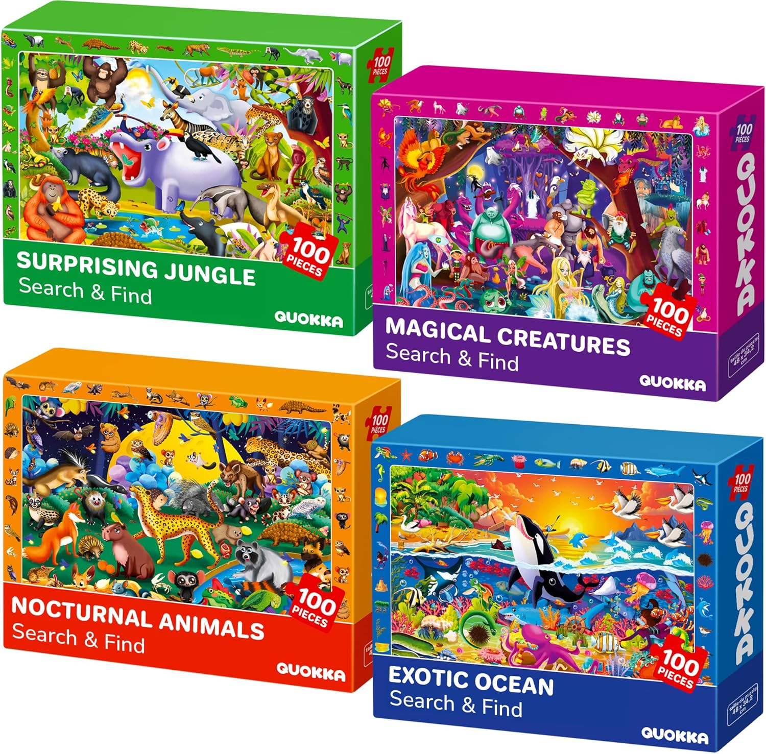 QUOKKA 100 Piece Puzzles for Kids Ages 4-6 – 4 Jigsaw Puzzles for Kids Ages 6-8 – Search and Find Observational Nocturnal Life for Childrens 5-8 – Learning Educational Toys for Boys and Girls 8-10