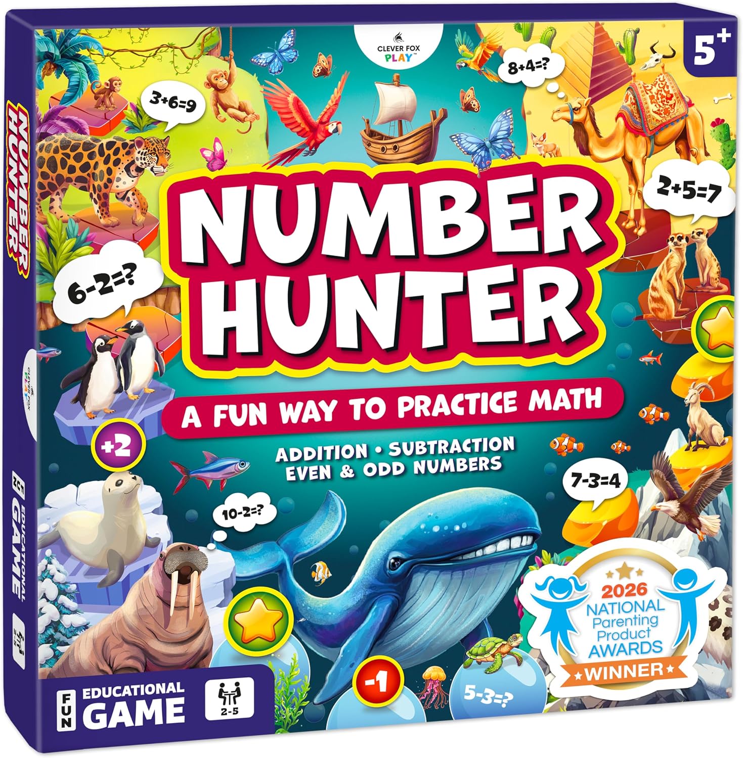 Clever Fox Play Number Hunter Math Board Game – Addition & Subtraction Math Game for Kids 5-7 Year Old – Fun Educational STEM Toy for 5+ Year Old, Kindergarten, 1st-3rd Grade, Homeschool & Family