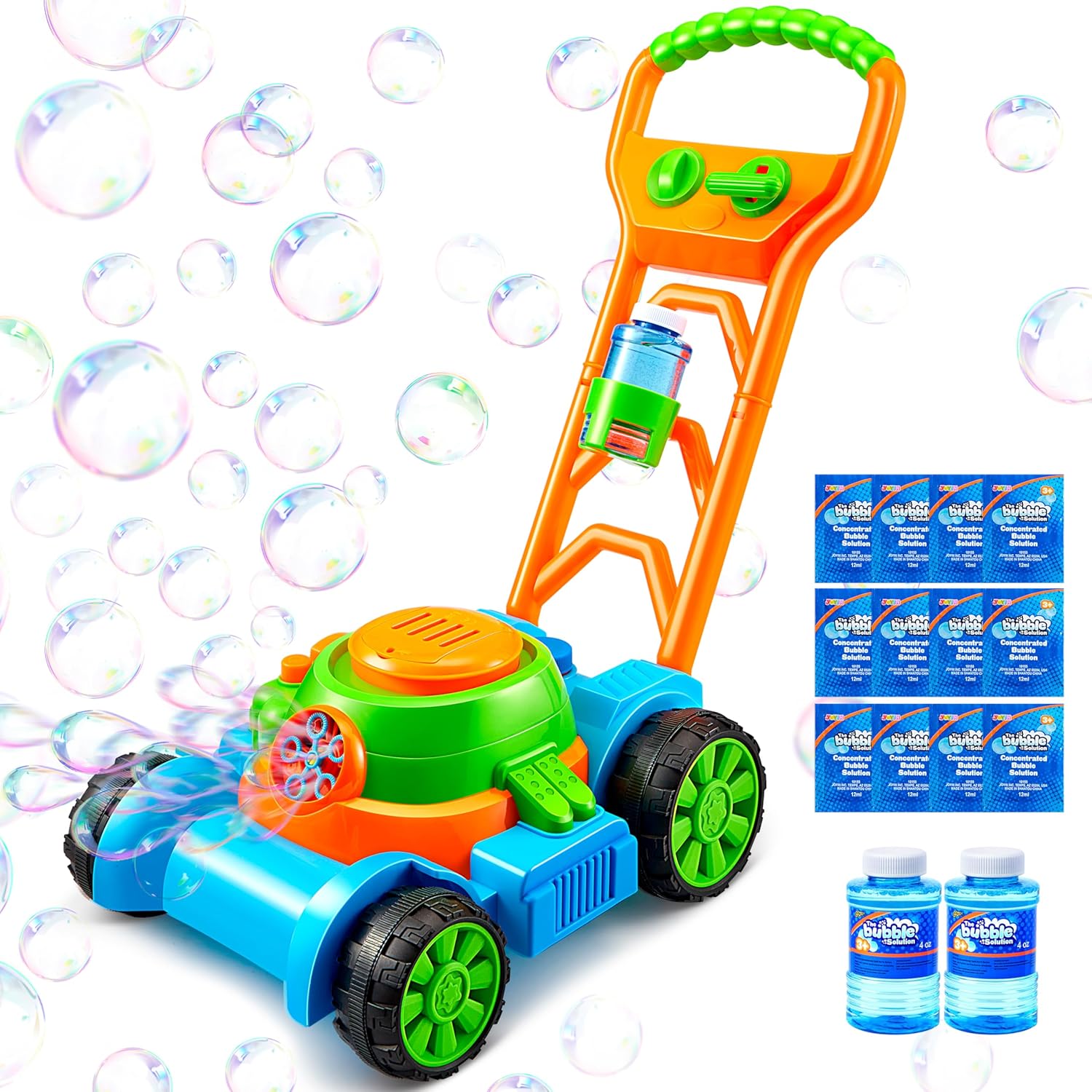 SLOOSH Bubble Lawn Mower Toddler Toys – Spill-Proof Bubble Machine Pretend Gardening Play Toy for Age 1 2 3 1-3 Year Old Baby Boys Indoor Outdoor Use, Summer Birthday Gifts (Blue)