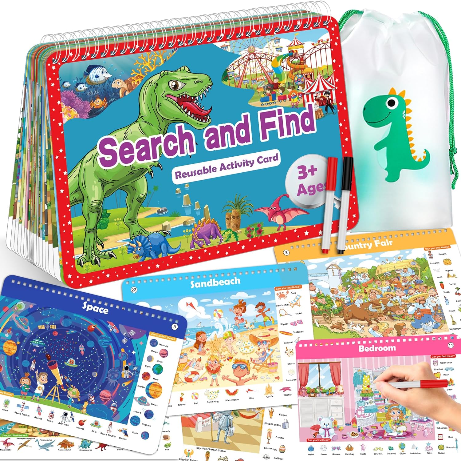 Elfew Search and Find Reusable Activity Book, Travel Toys for Toddlers 3-5, Wipe Clean Educational Toys for 3+ Year Old, Kids Airplane Car Road Trip Travel Essentials, Car Games for Kids Ages 4-8