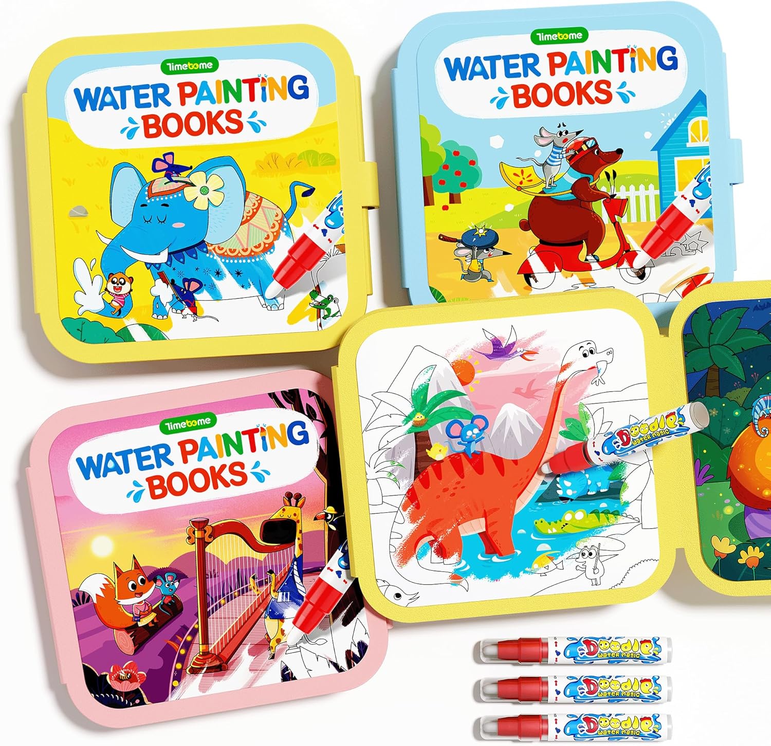 Timetome Reusable Water Painting Books for Kids – 3-Pack Magic Water Reveal Coloring Books with Water Pens (Fairy Tale, Animal & Dinosaur) No-Mess Coloring & Reusable Fun Travel Activity for Ages 3–6