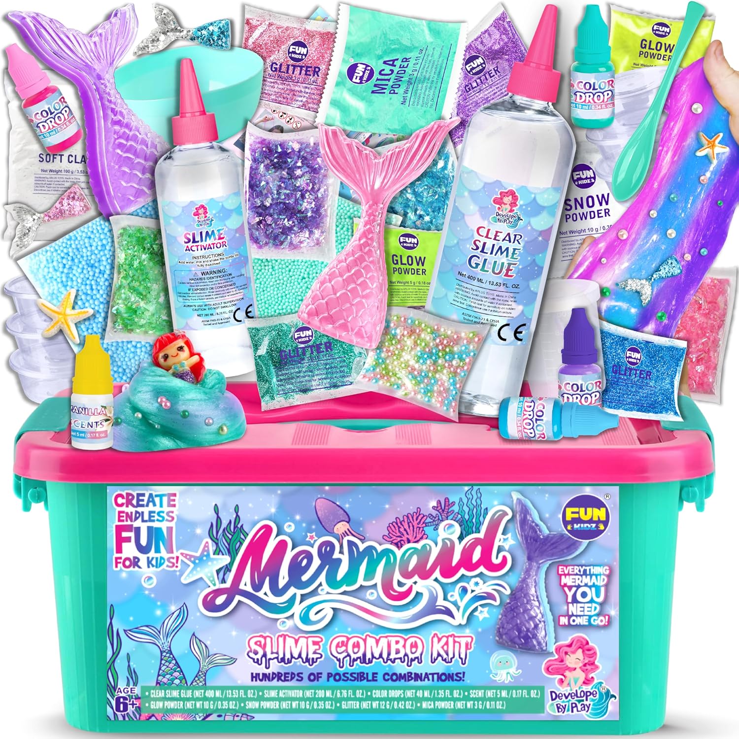 Summer Gift Mermaid Slime Kit for Girls, FunKidz Shimmer Slime Making Kit for Kids Age 8-12 DIY Soft Glitter Glossy Metallic Slime Toy