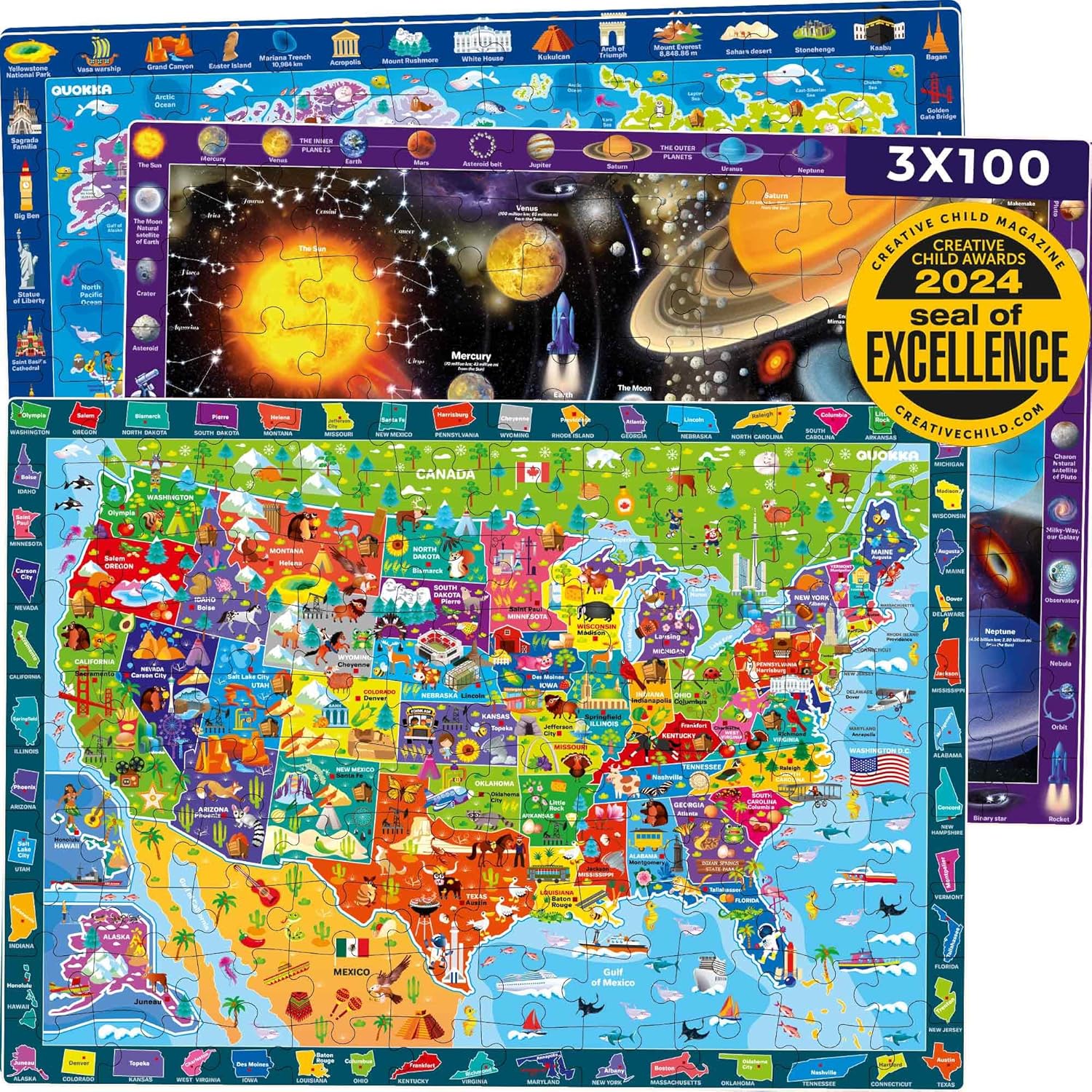 QUOKKA 100 Piece Puzzles for Kids Ages 4-6 – 3 Jigsaw Kids Puzzles Ages 6-8 – Learning Map of the United States World Space – Toddler Educational Games for 5-8 Year – Toys for 8-10-12 Year Old