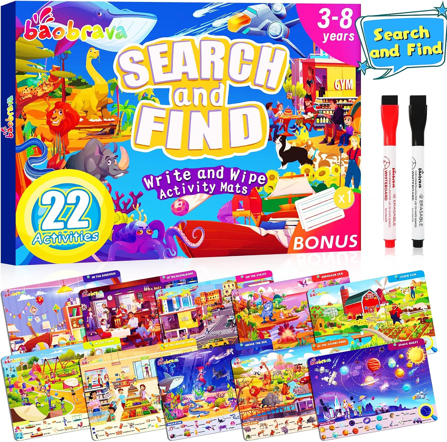 Baobrava Search and Find Game Books – Preschool Learning Activities for Kids Age 3-8, Travel Games for or Road Trip Car Airplane, Educational Seek Activity Birthday Gifts for Boys and Girls