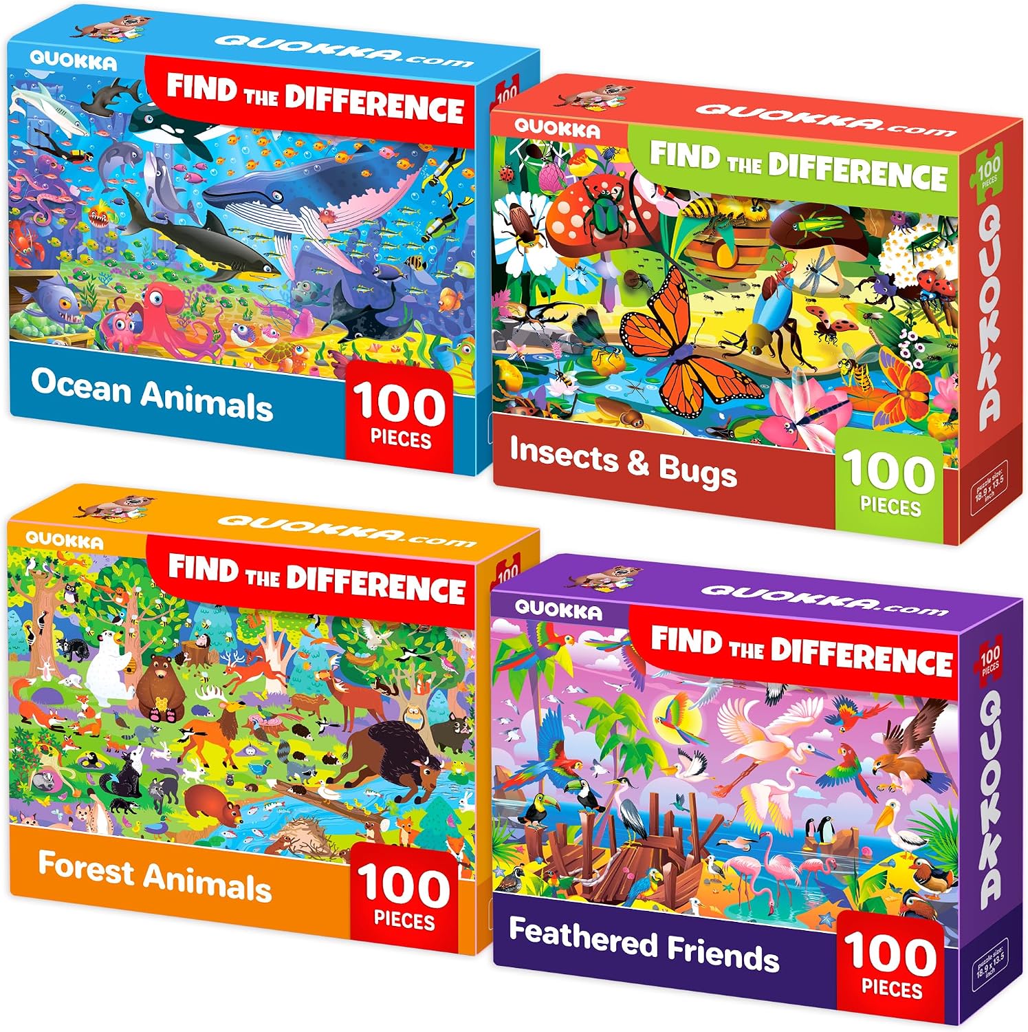 QUOKKA 100 Piece Puzzles for Kids Ages 4-6 – 4 Jigsaw Puzzles for Kids Ages 6-8 – Search and Find Game with Ocean Forest Animals for Childrens 5-8 – Learning Educational Toys for Boys and Girls 8-10