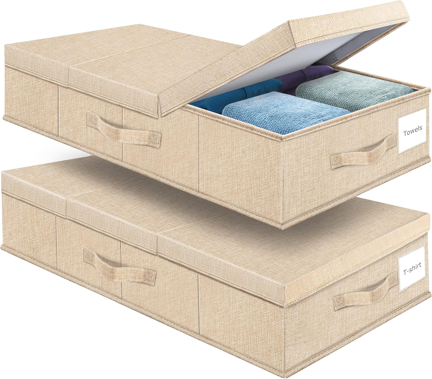 Supowin Underbed Storage Containers Bin with Lids (Set of 2) Large Under Bed Storage Organizer Box with Handle, Foldable Under the Storage Bags for Organizing Clothes, Shoes, Blankets, Pillows-Khaki