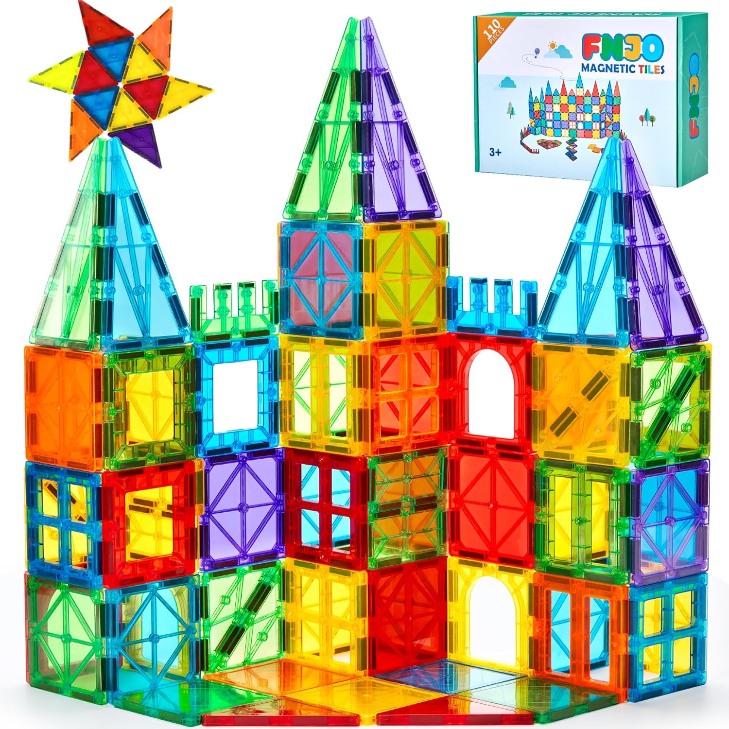 FNJO Magnetic Tiles, 110PCS Magnet Building Set, Magnetic Building Blocks, Construction STEM Learning and Playing Toys for Kids, Montessori Toy for Preschool Boys Girls
