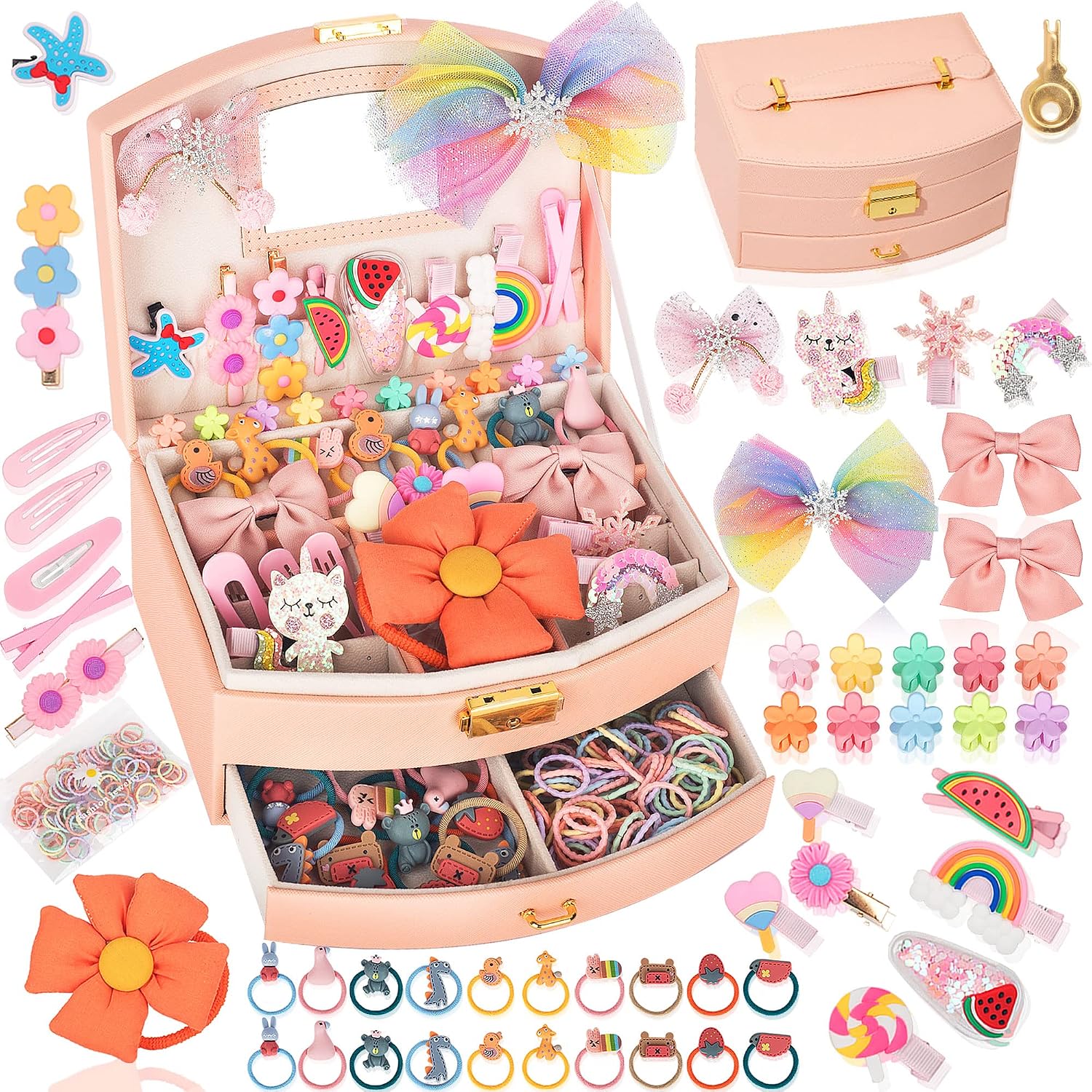Hair Accessories Set for Girls: Jewelry Box, Hair Clips, Barrettes, Ties, Bows – Teen Girl Gift for Ages 4-12 (Pink)